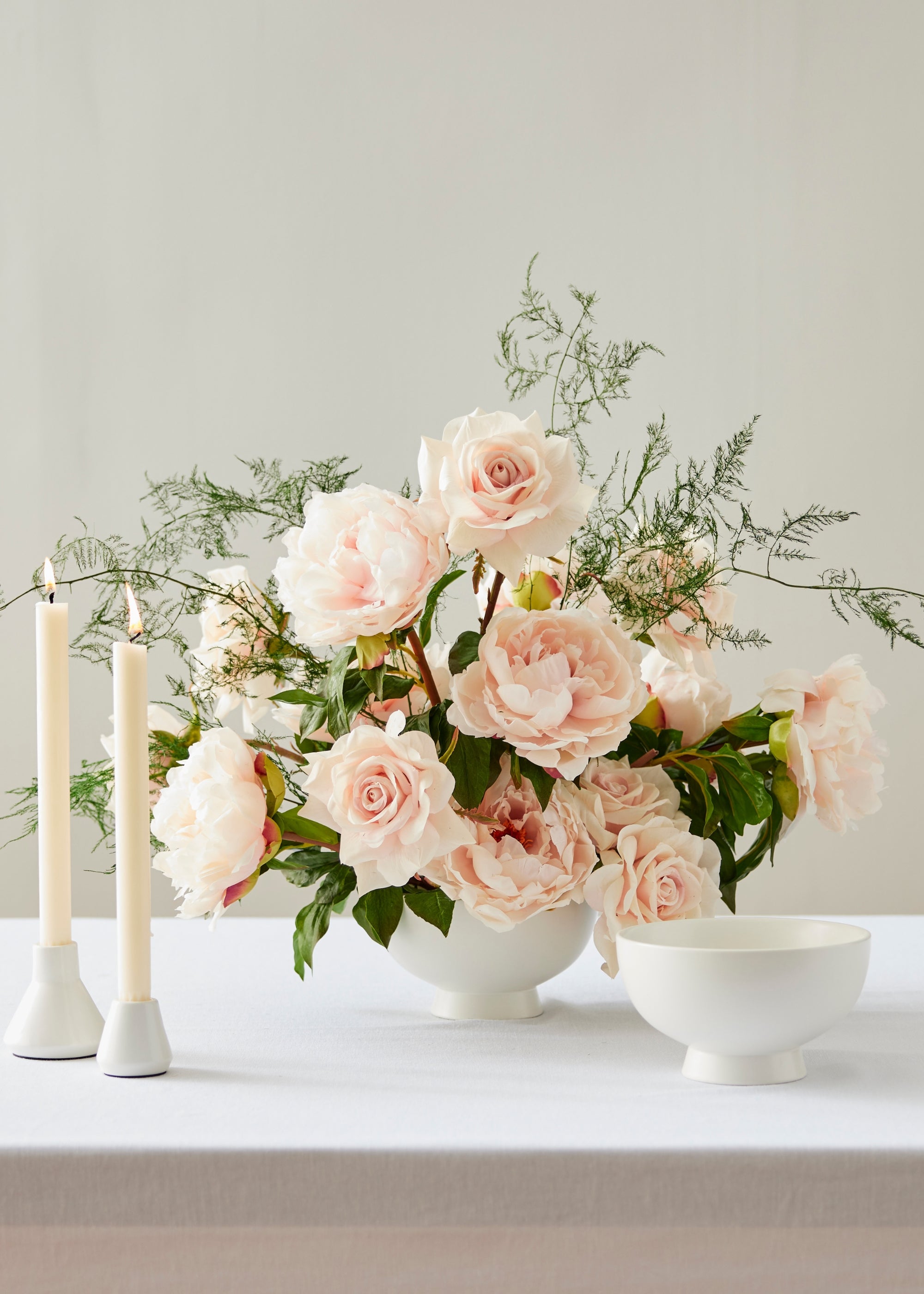 Faux Peony, Rose, and Preserved Fern Centerpiece
