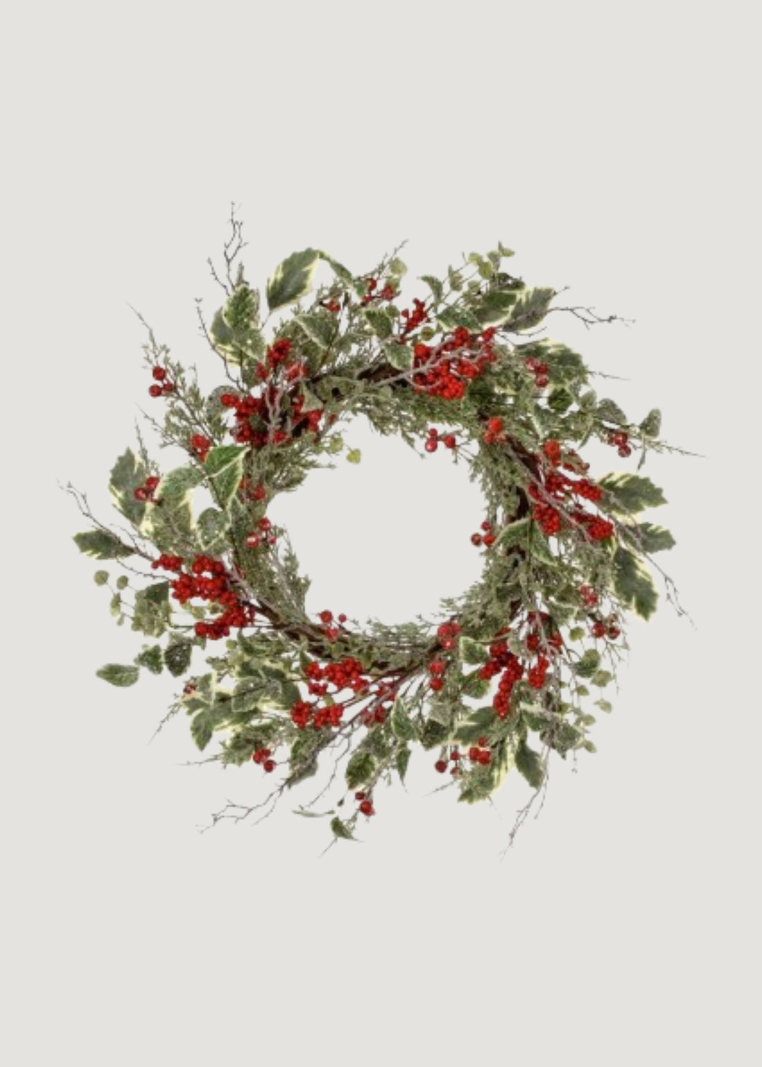 Artificial Frosted Holly and Red Berry Holiday Wreath