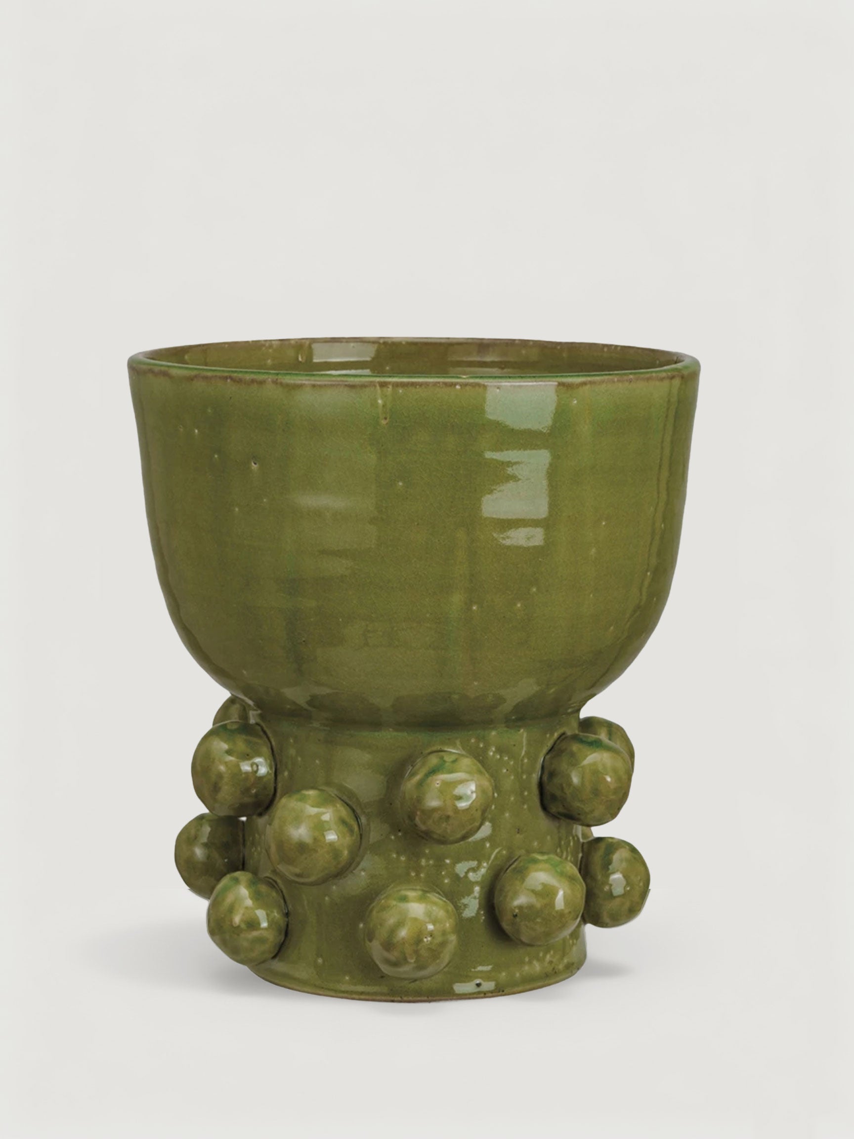 Handmade Terra Cotta Hobnail Footed Vase in Glazed Green