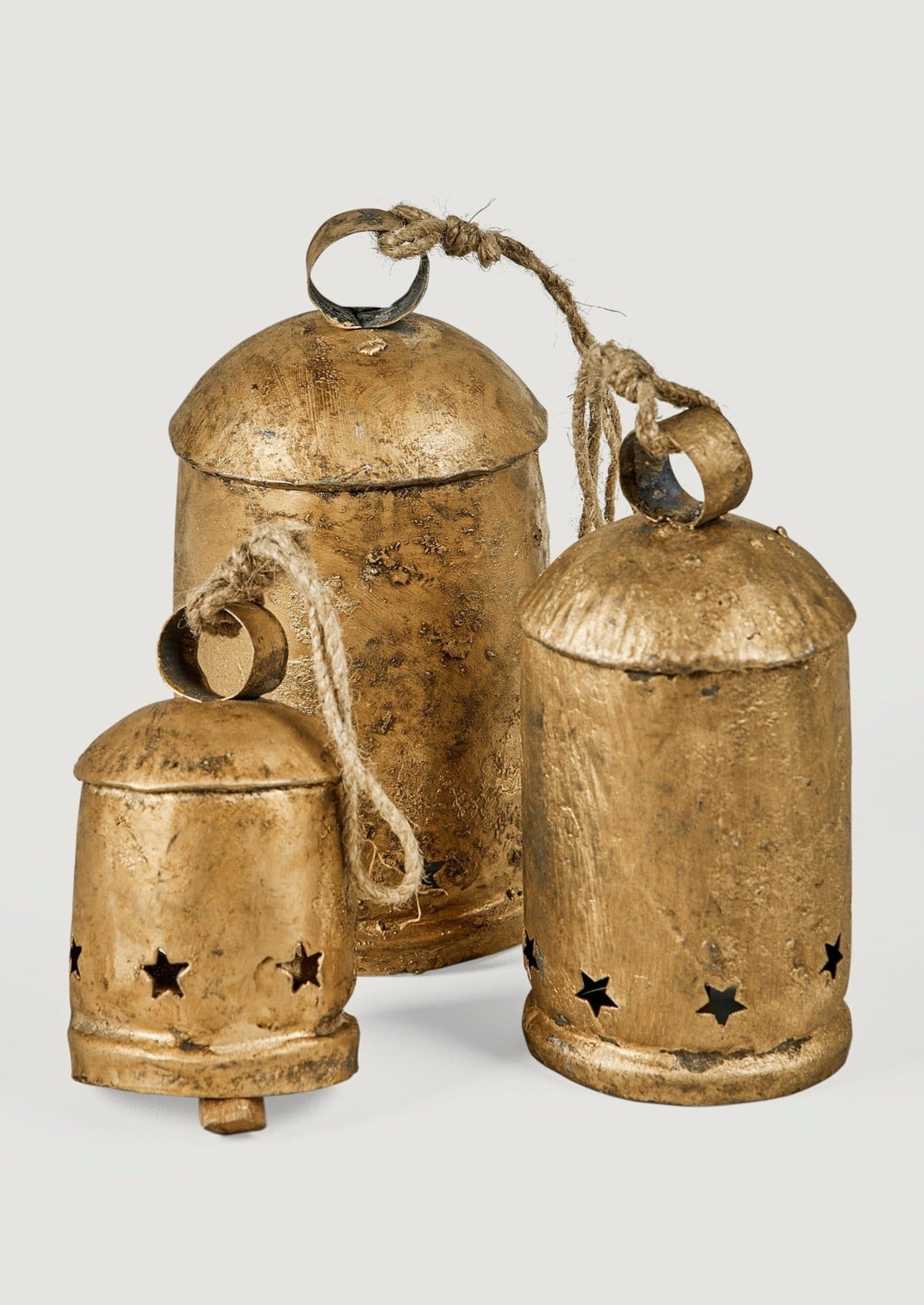 Antique Gold Metal Bells, Holiday Decor