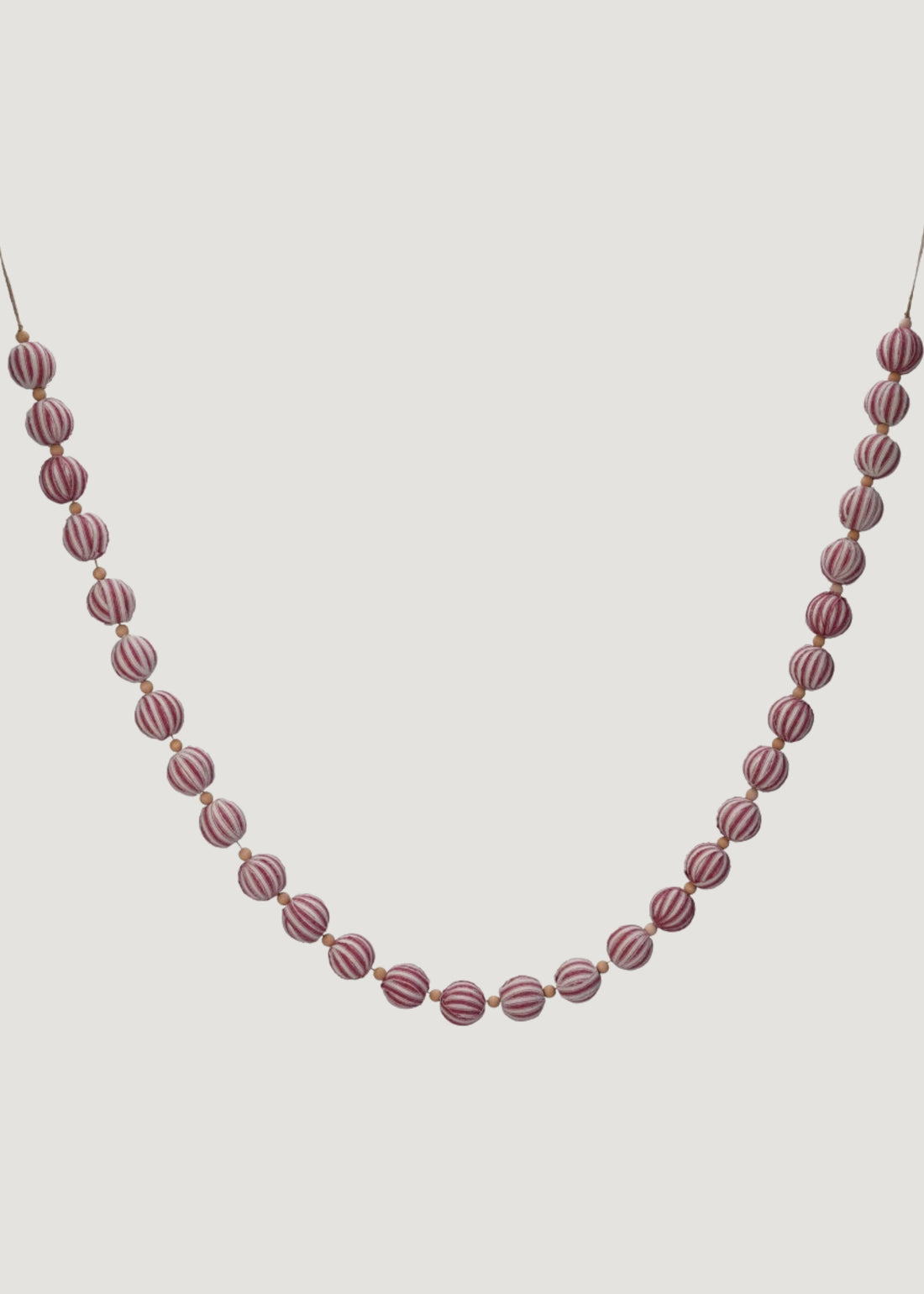 Red and White Striped Holiday Ball Garland with Wood Beads