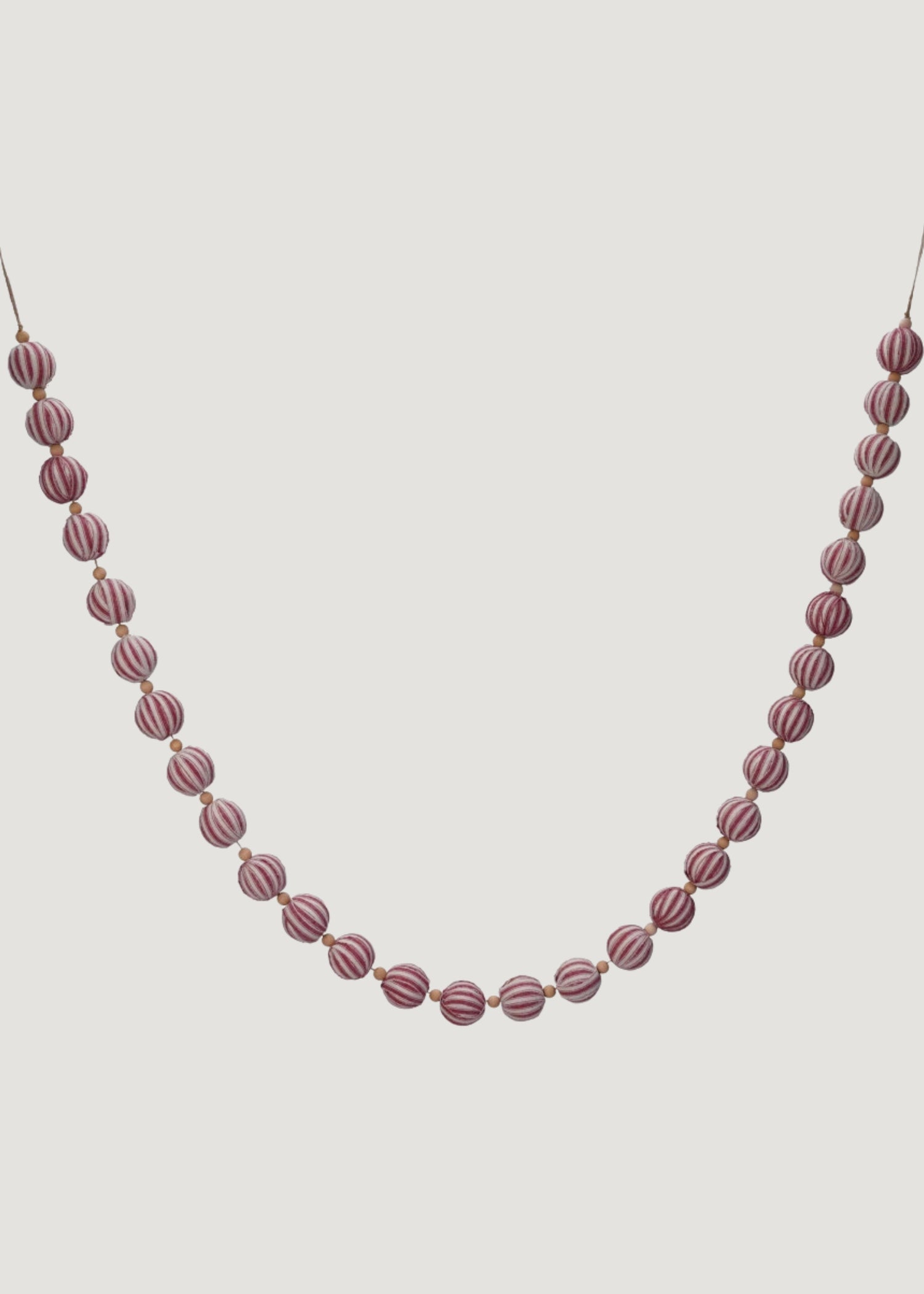 Red and White Striped Holiday Ball Garland with Wood Beads