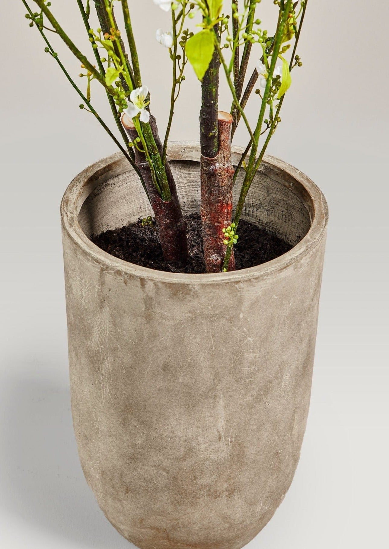 Afloral Closeup of Cement Pot of Faux Berry Branch Arrangement