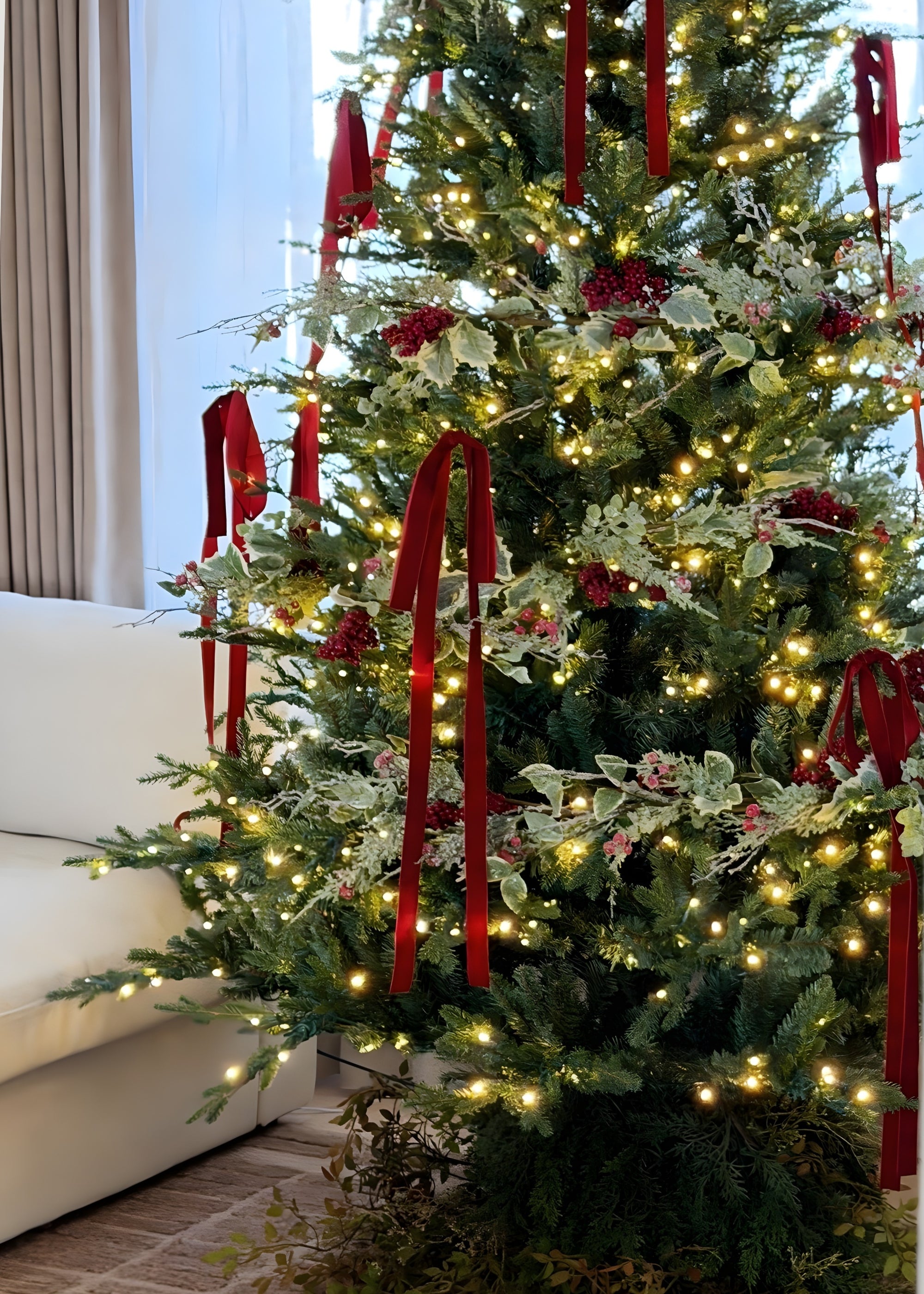 frosted holly garland decorating a christmas tree