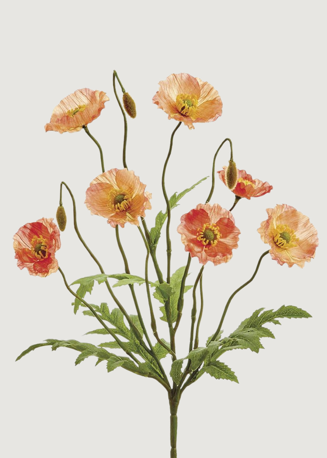 Artificial poppy flower bush in sunset coral with lifelike blooms and buds