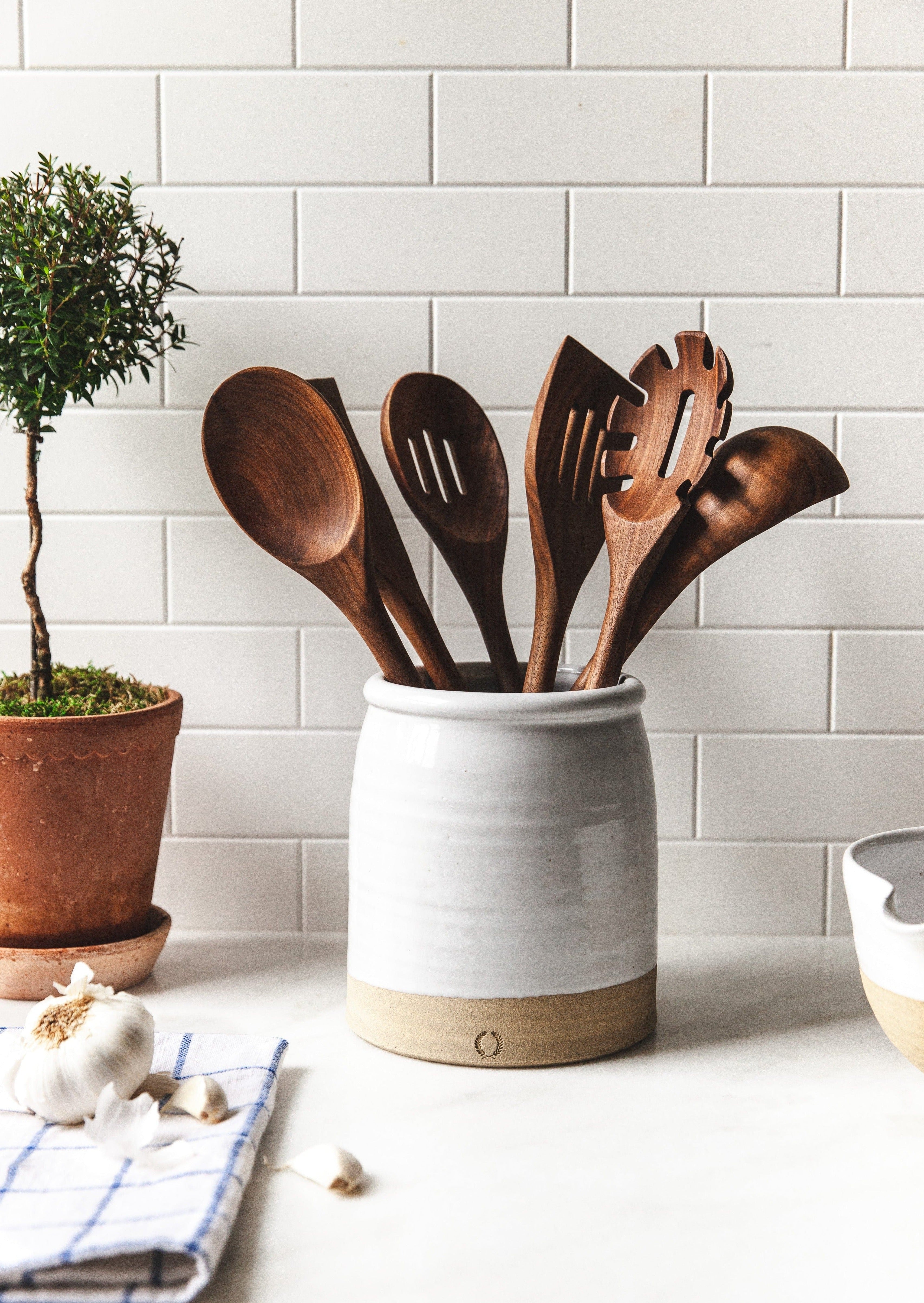 Kitchen Utensil Set at Afloral Walnut Wood Spoons in Crock