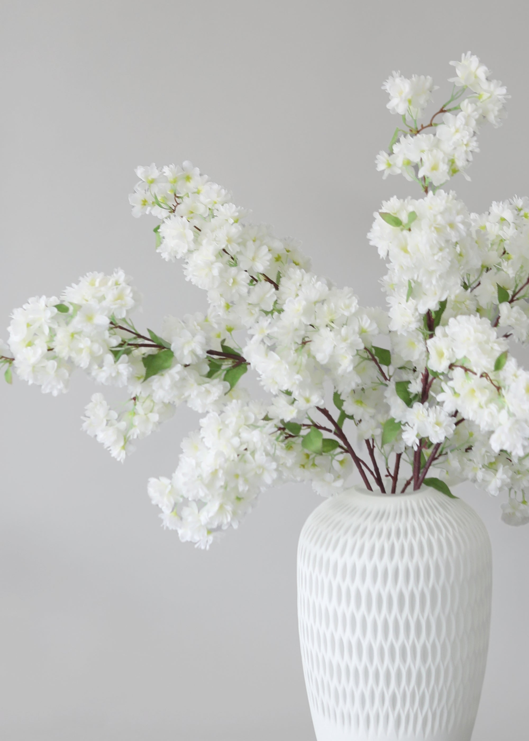 White cherry blossom flowers in a textured white vase