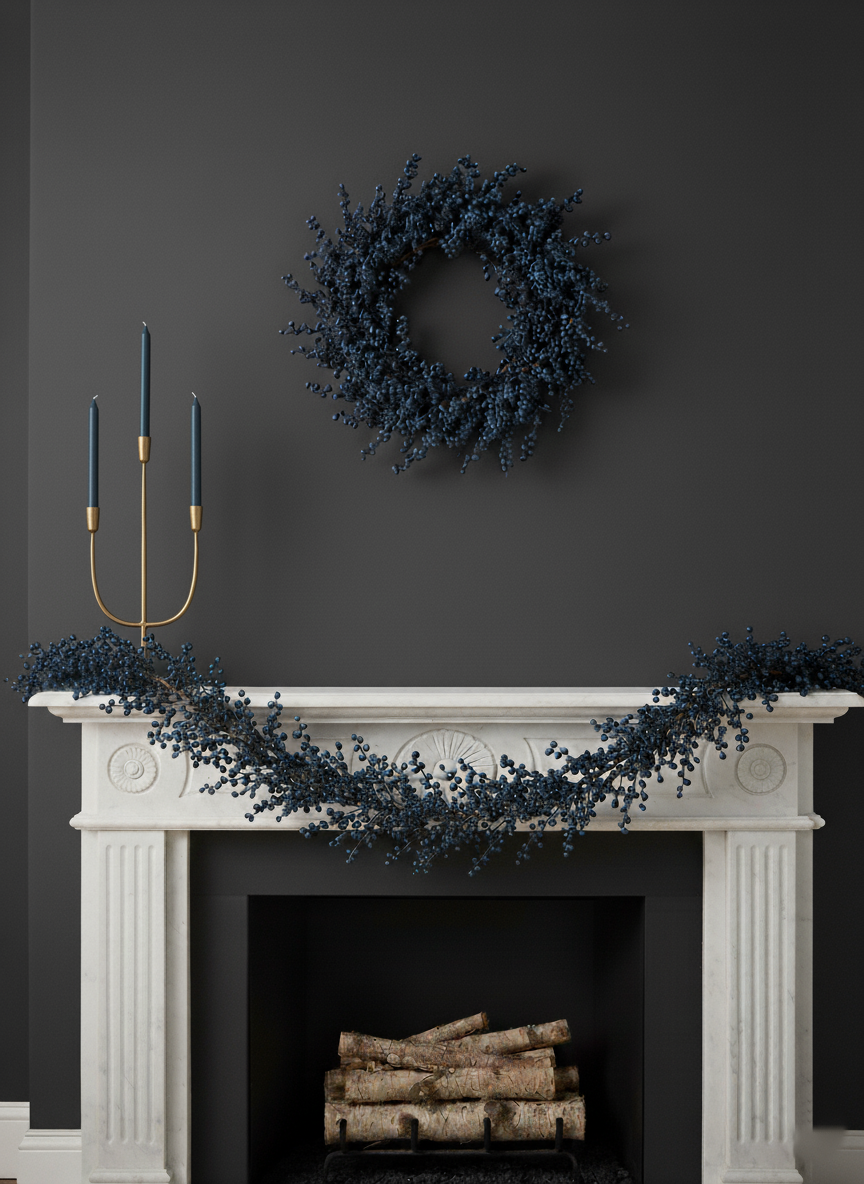 Burst of blue berry wreath on dark gray wall