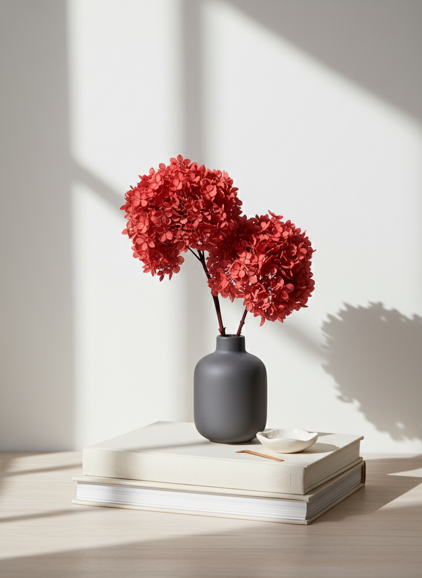 Gray vase with red flowers on top of books against a light background
