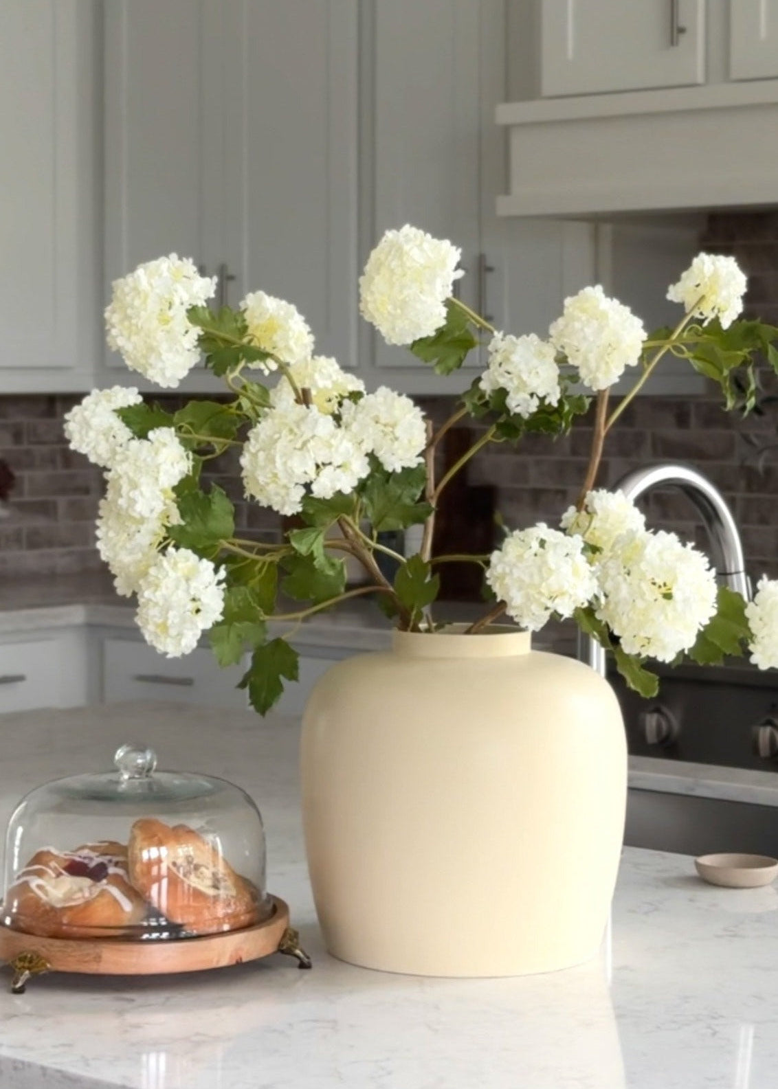Afloral Glazed Stoneware Vase in Vanilla with Faux Snowball Flowers