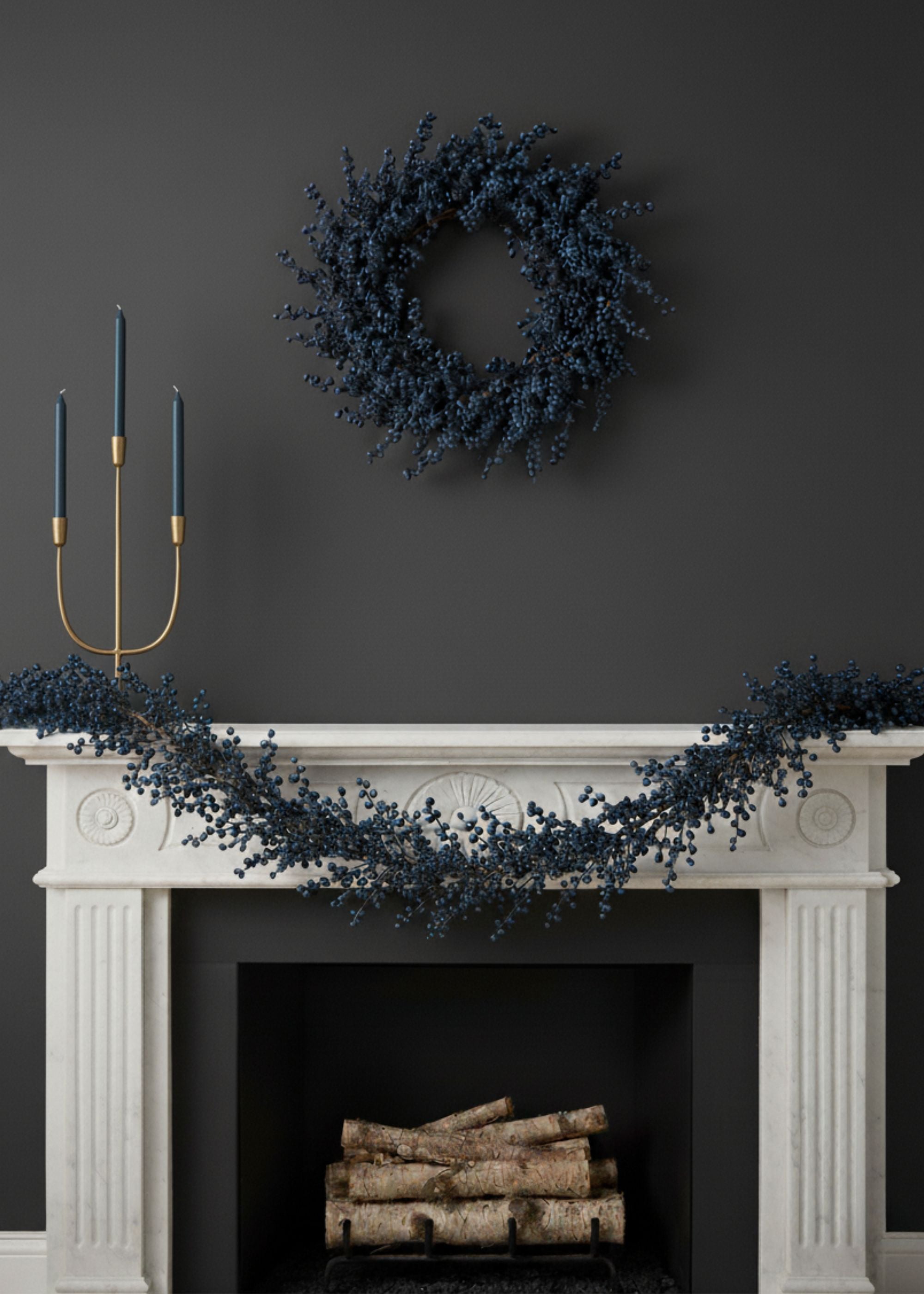 Burst of Blue Holiday Berry Garland and Wreath on Mantel