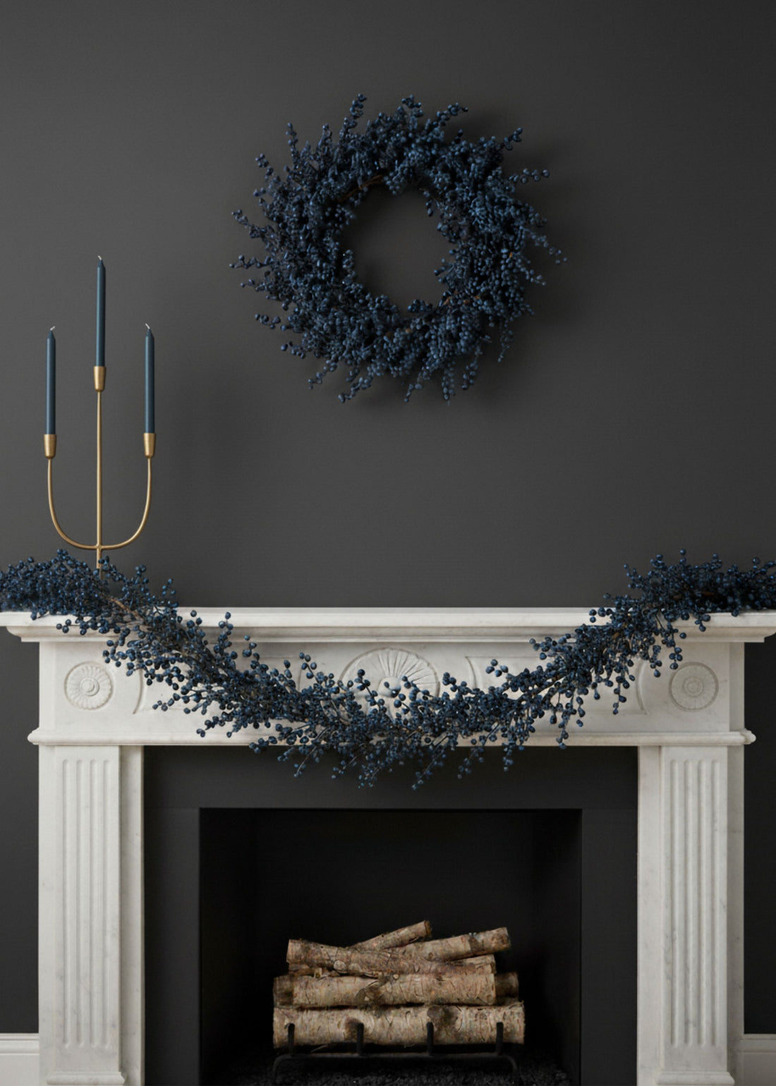 Burst of Blue Holiday Berry Garland and Wreath on Mantel