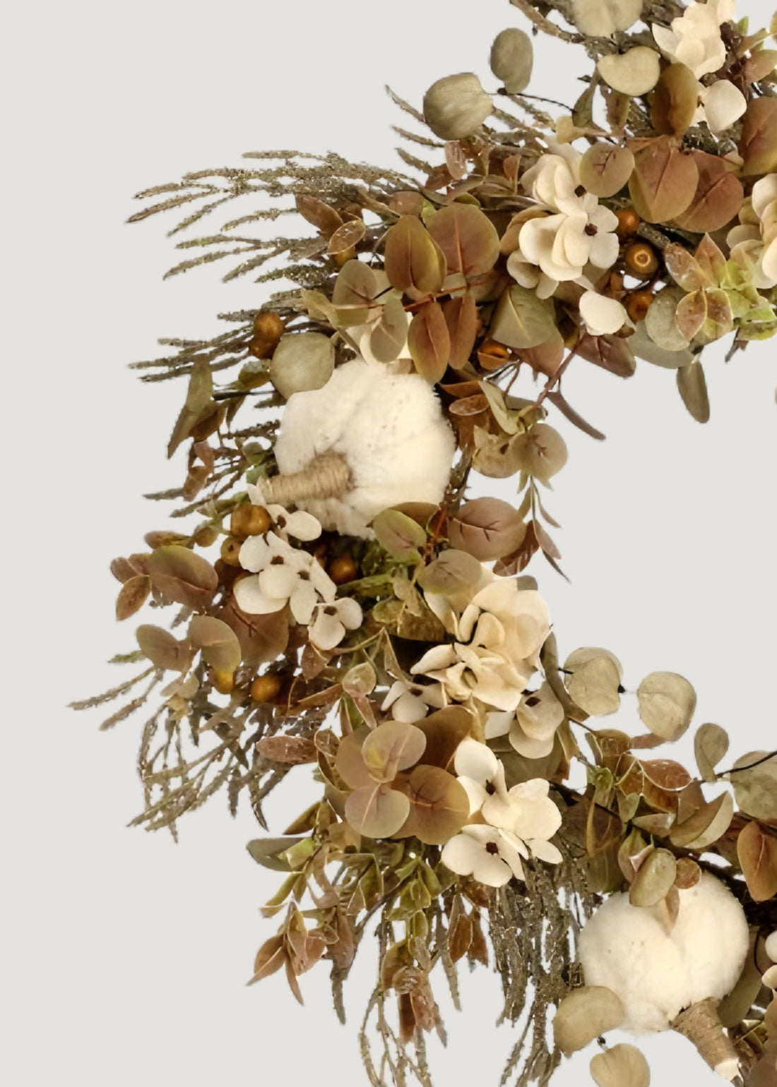 Close-up of a Fall wreath with cream pumpkins and flowers