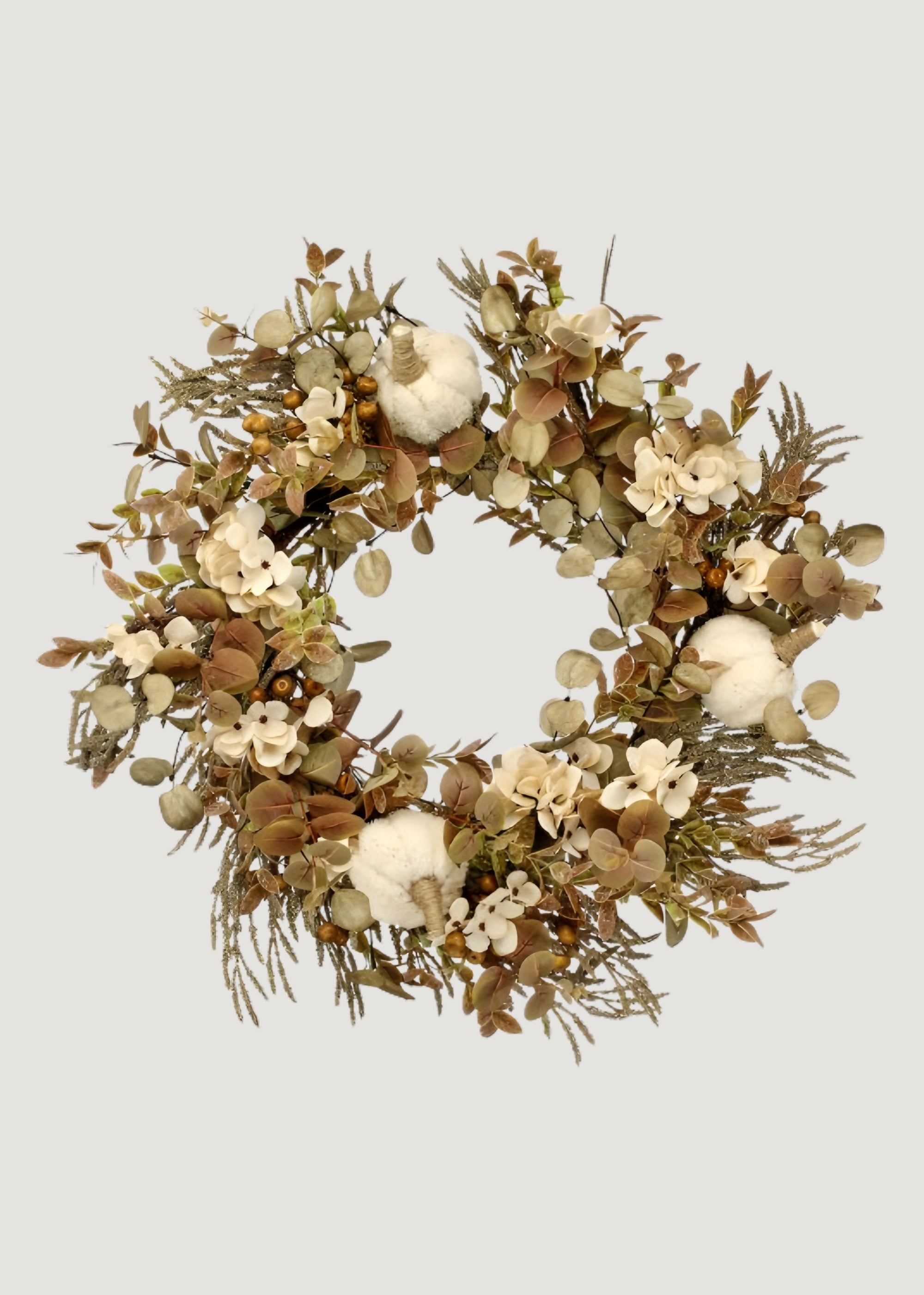 Cream and Brown Fake Autumn Leaf Wreath with Pumpkins