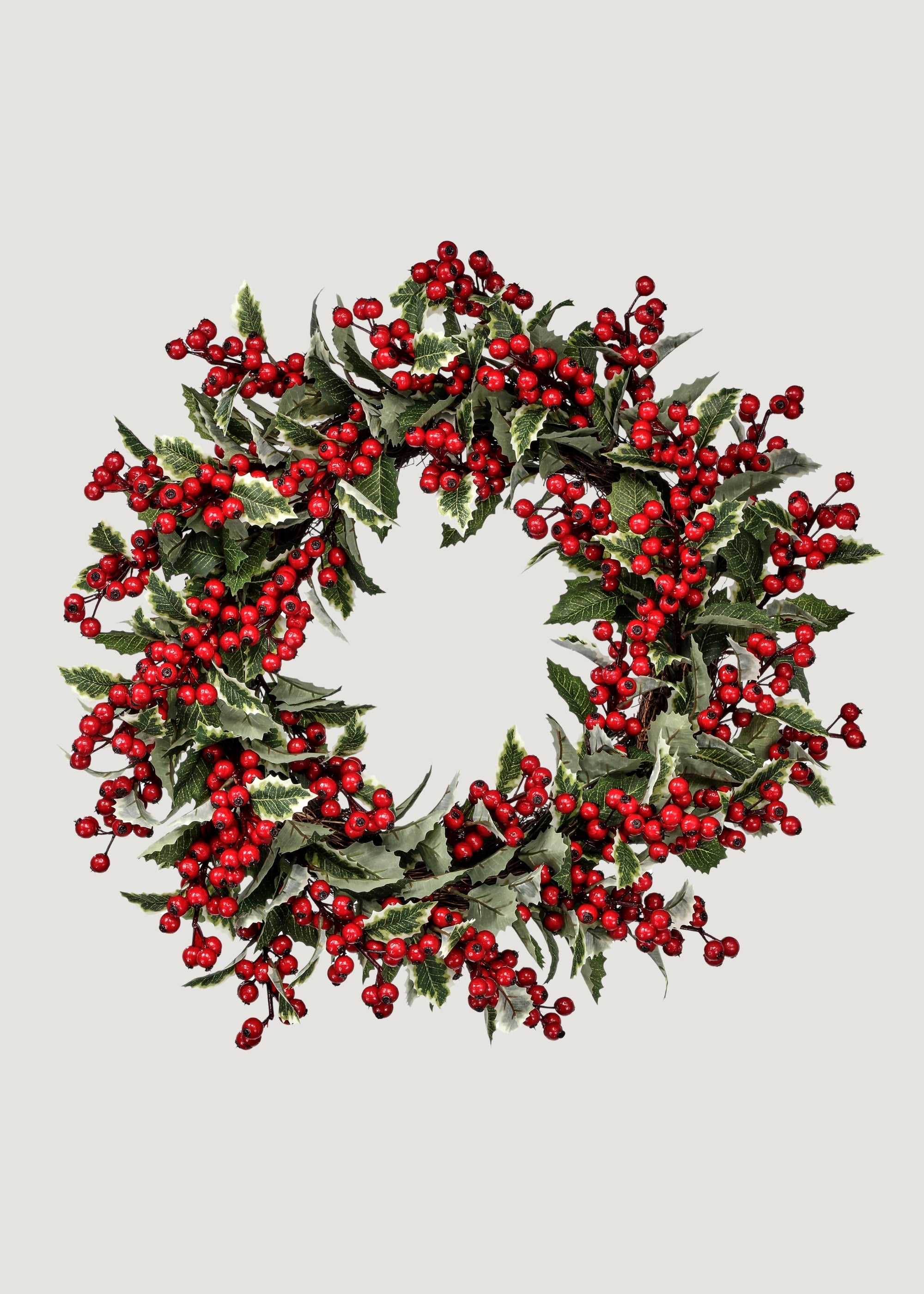 Deluxe Fake Traditional Winter Holly and Berry Wreath - 24"