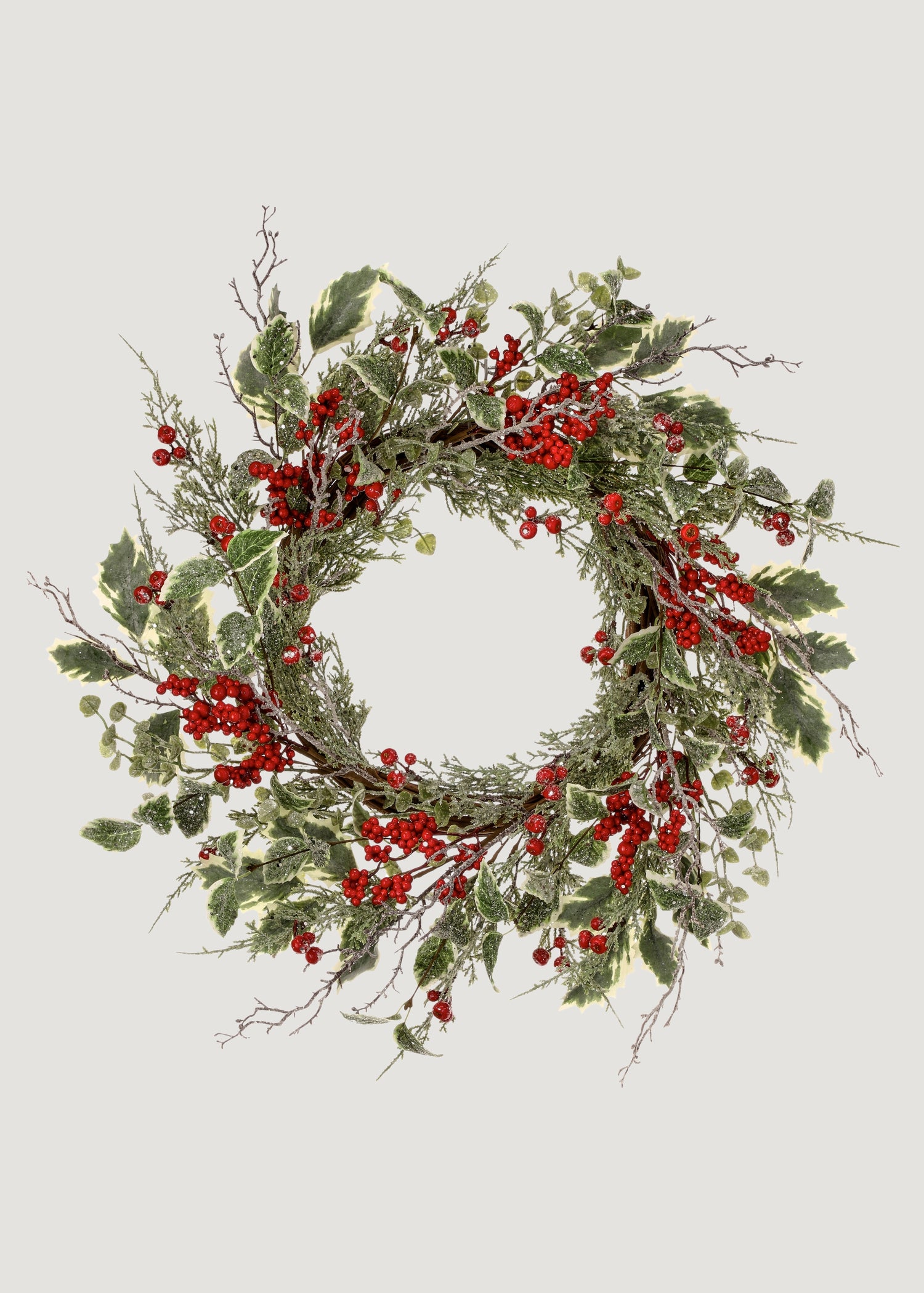 Artificial Frosted Holly and Red Berry Holiday Wreath