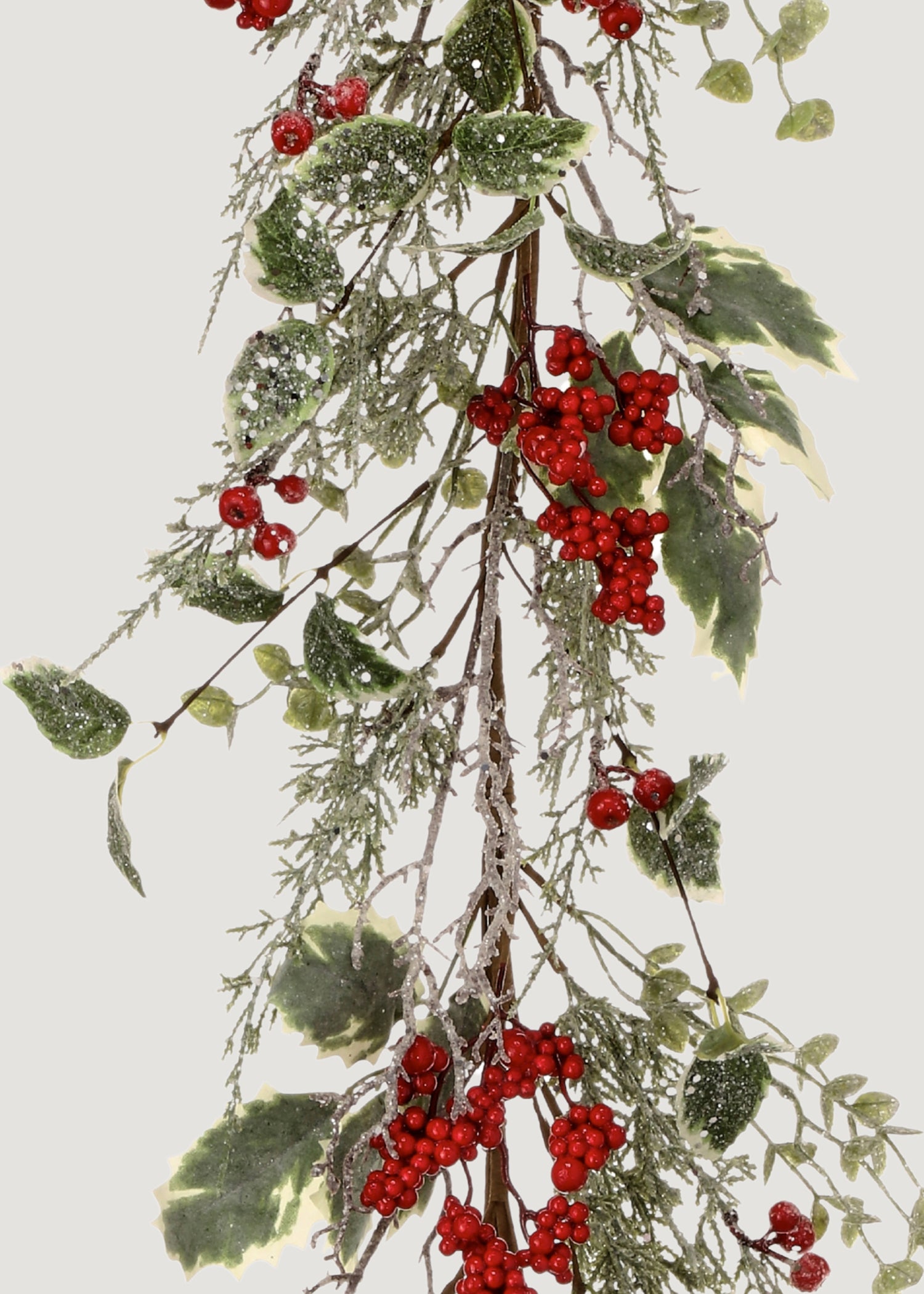 Close-up of Artificial Frosted Holly and Red Berry Winter Garland