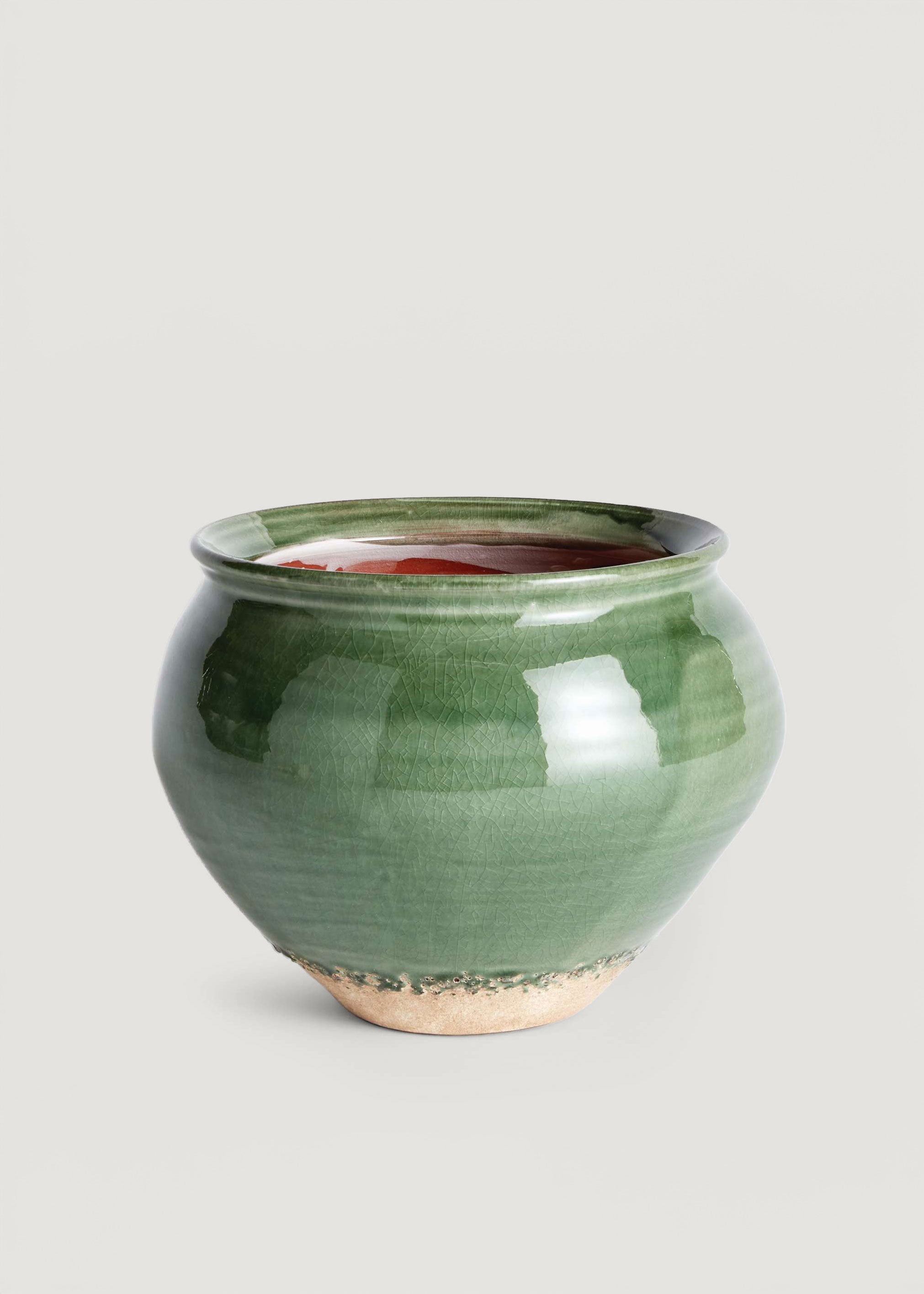 Handmade Terra Cotta Drum Vase in Green Crackle Glaze