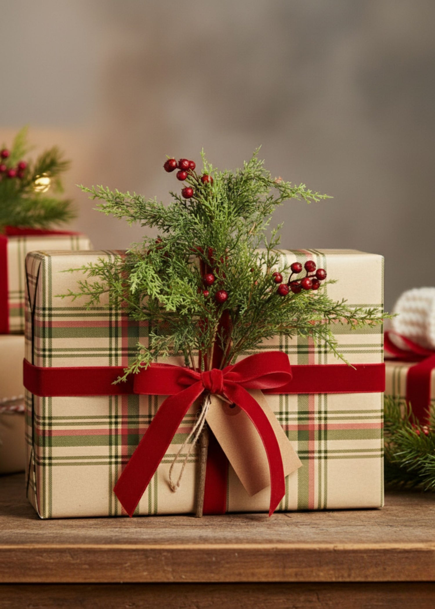 Holiday gift decorated with cedar branch and red berries