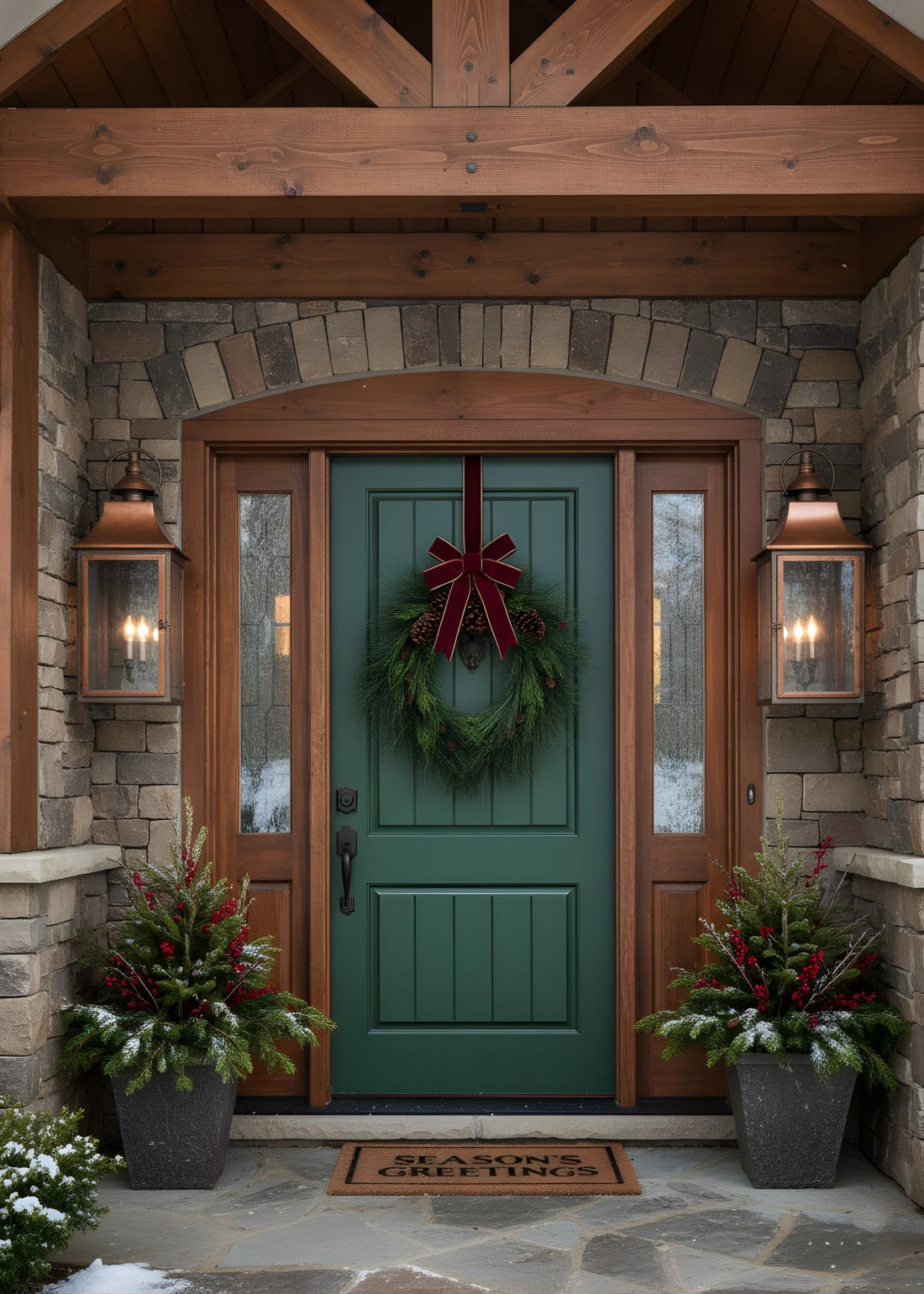 Green front door with wreath and potted plants on a stone porch