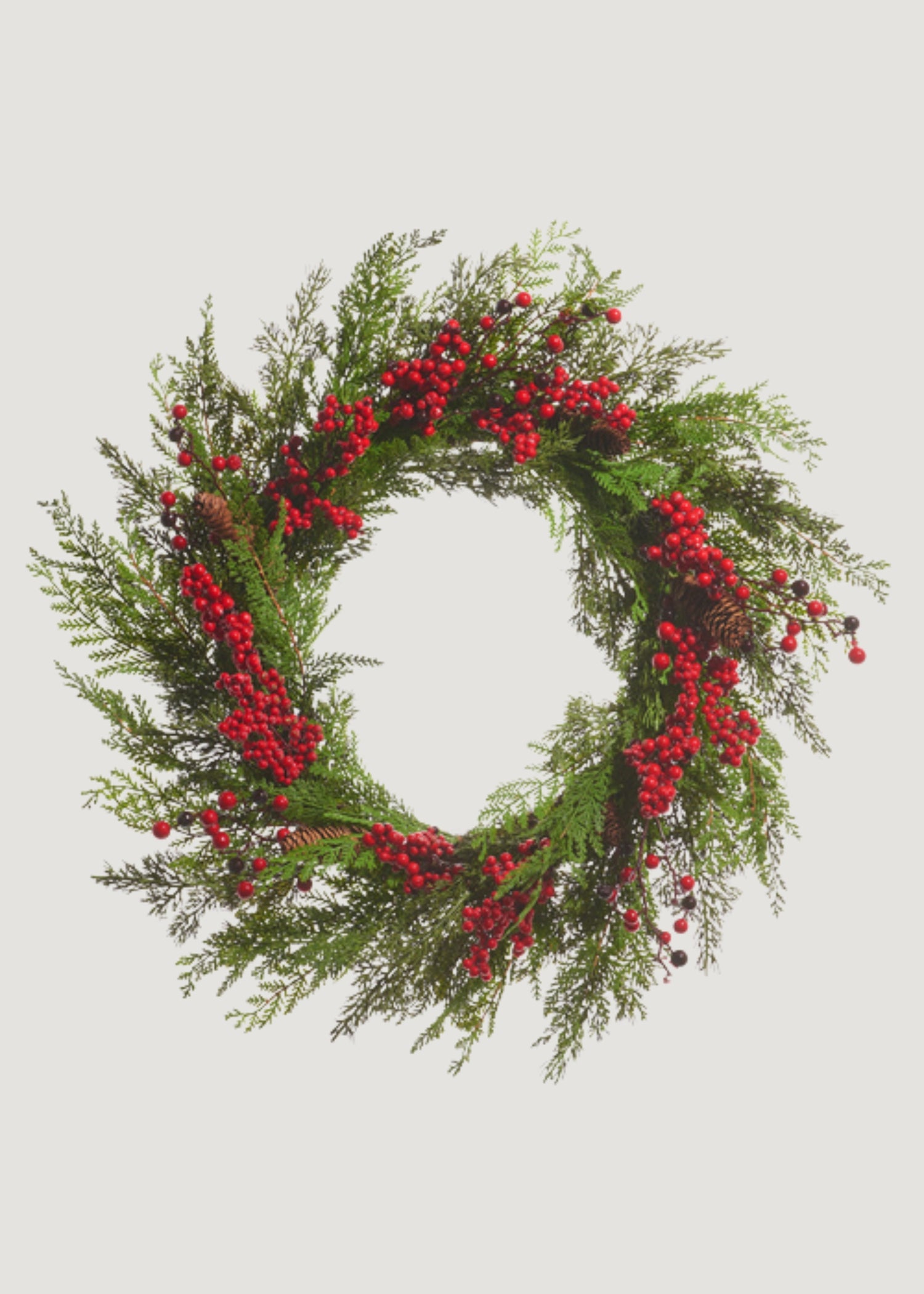 Fake Cedar Winter Wreath with Red Berries and Pine Cones