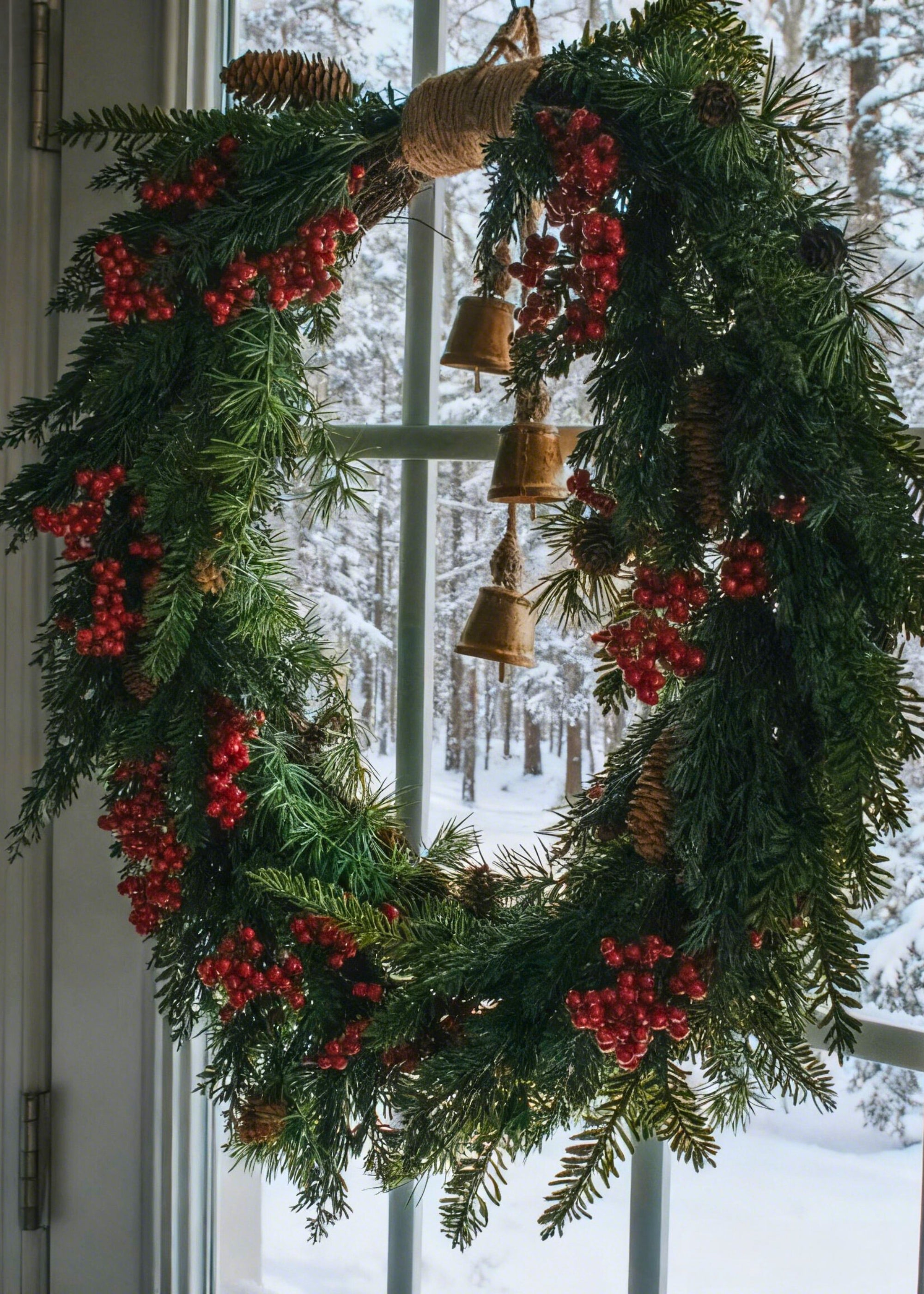 Decorative Christmas wreath with red berries and pine cones hanging on a door