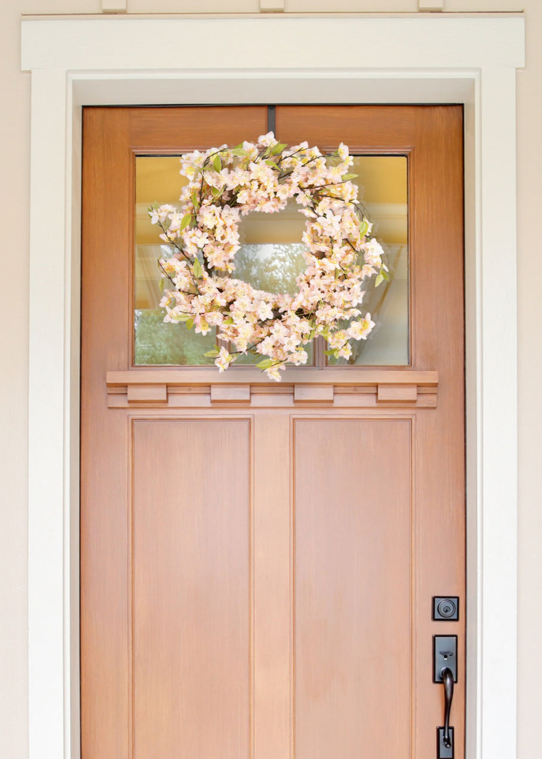 Pink Cherry Blossom Wreath on Wood Door