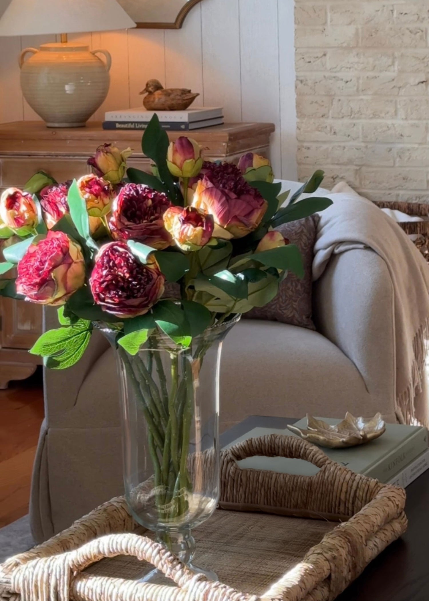 Burgundy fall faux peonies styled in a vase