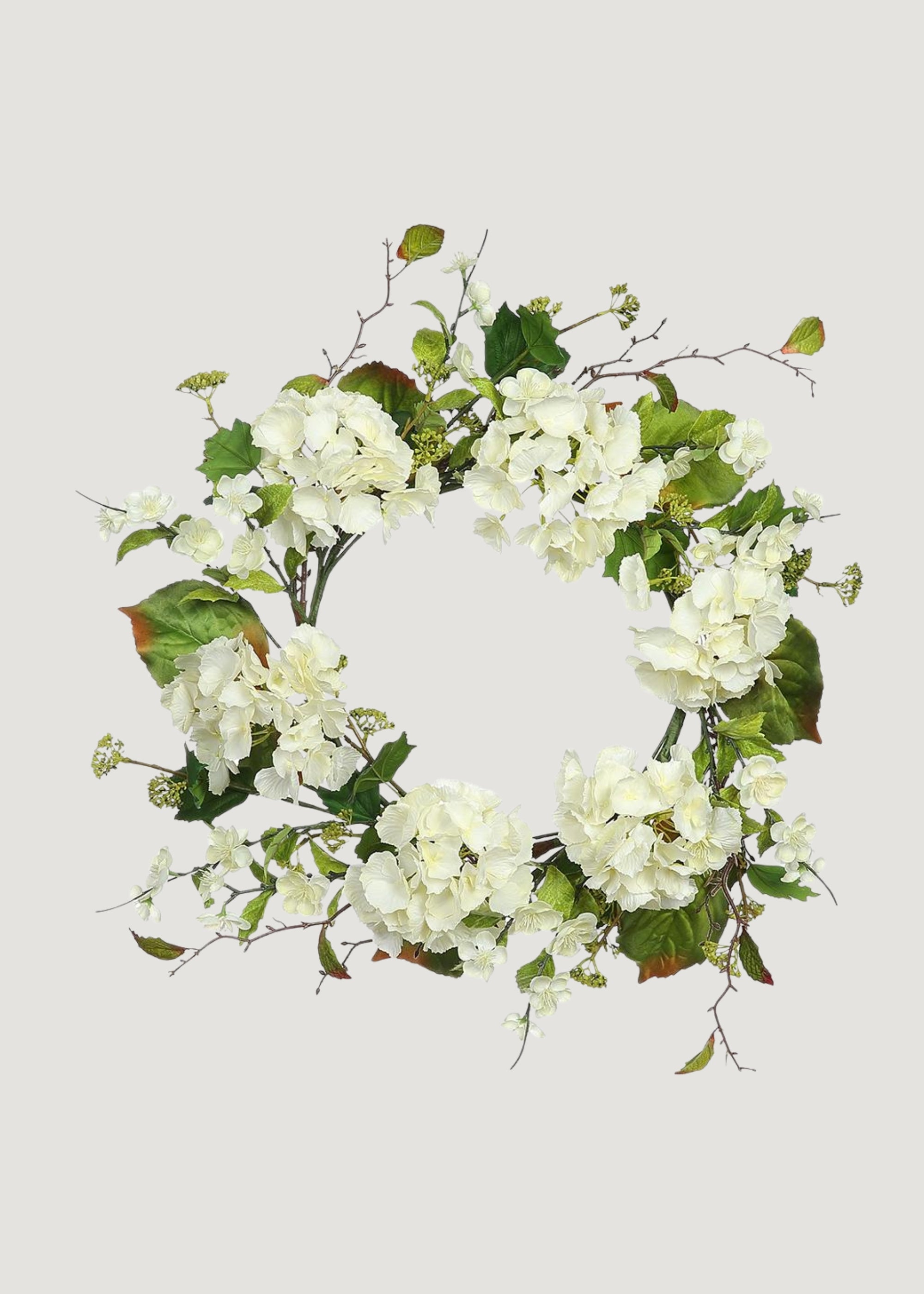 Artificial Hydrangea and Foliage Wreath in Cream Green