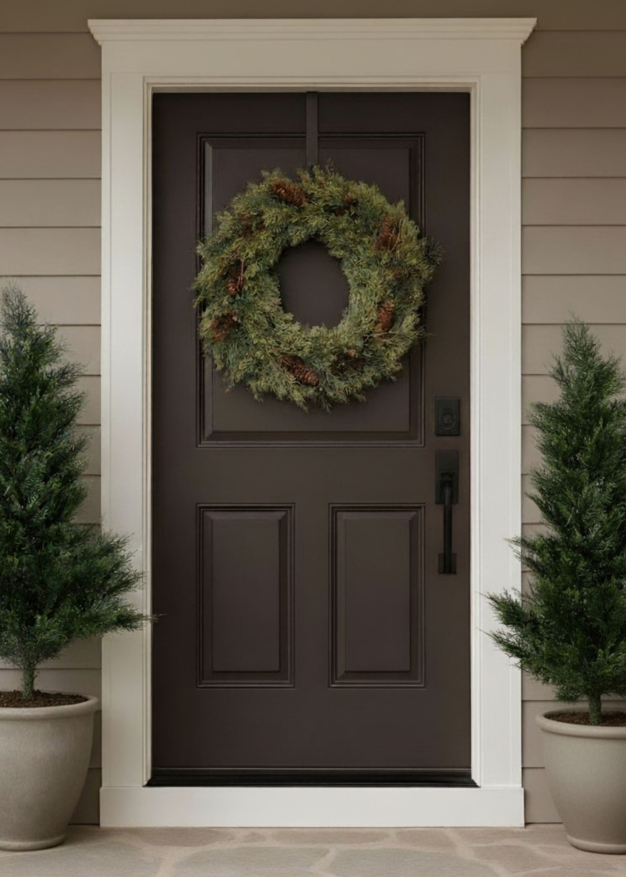 Winter porch with Faux Pine Wreath and Cedar Trees