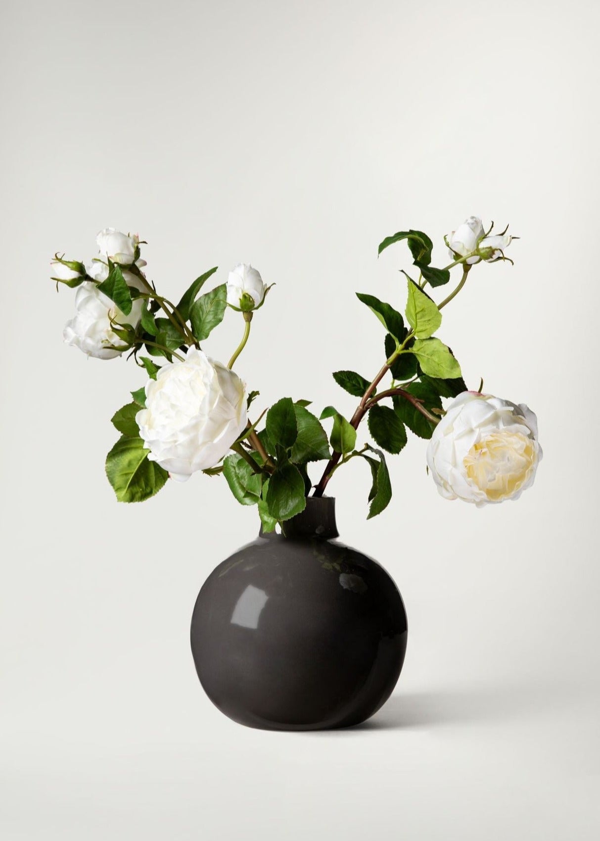 Glossy Smoked Taupe Vase with Artificial White Roses