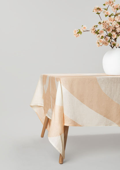 Handmade Linen Tablecloth in Sand with Peach Blossom Arrangement