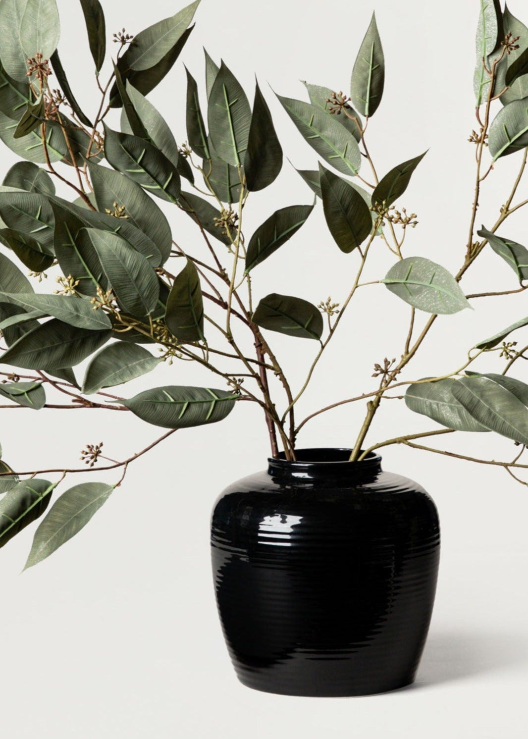 Glazed Ribbed Stoneware Vase with Eucalyptus Stems