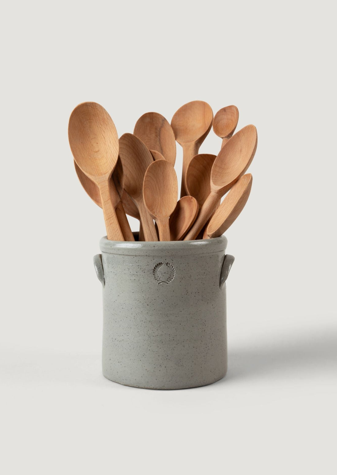 Set of 13 Kitchen Utensil Spoons Shown in Farmhouse Pottery Grey Stoneware Crock