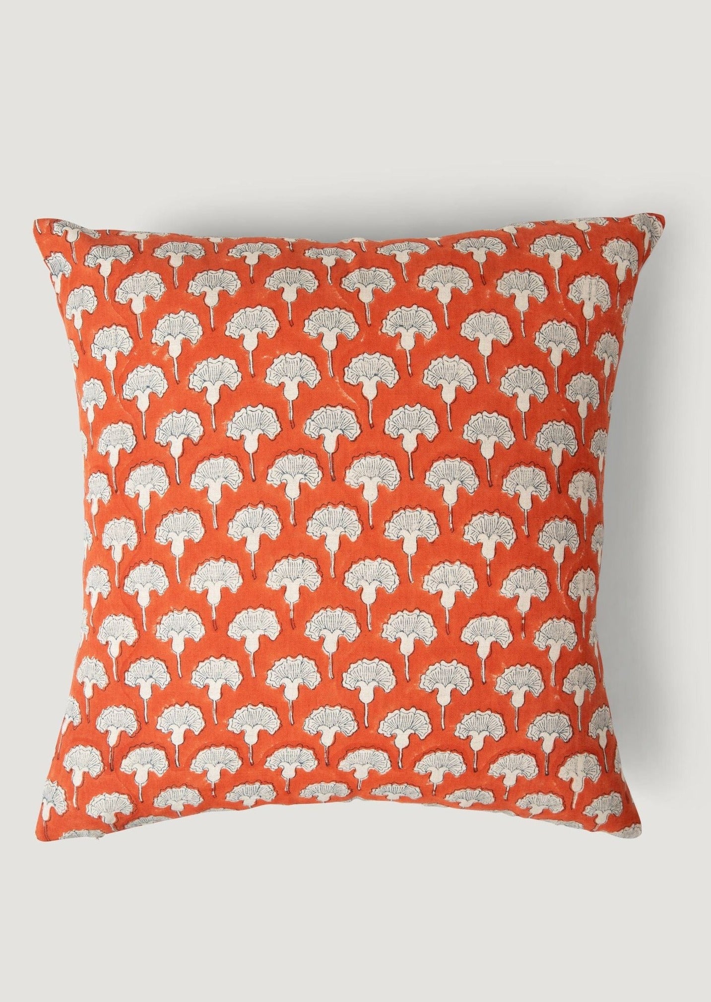 Hand-Printed Linen Pillow Cover in Orange Floral Pattern