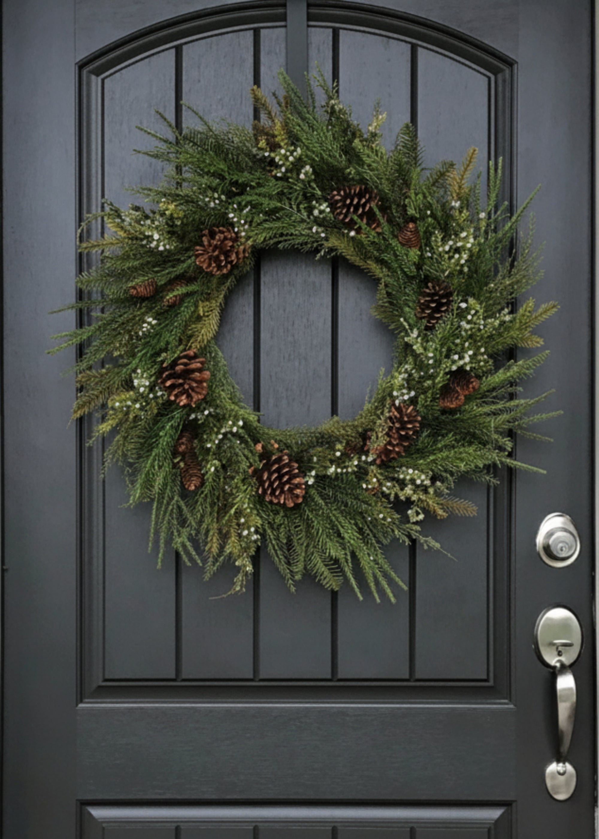 Faux Evergreen Wreath with Berries and Pine Cones on Black Door