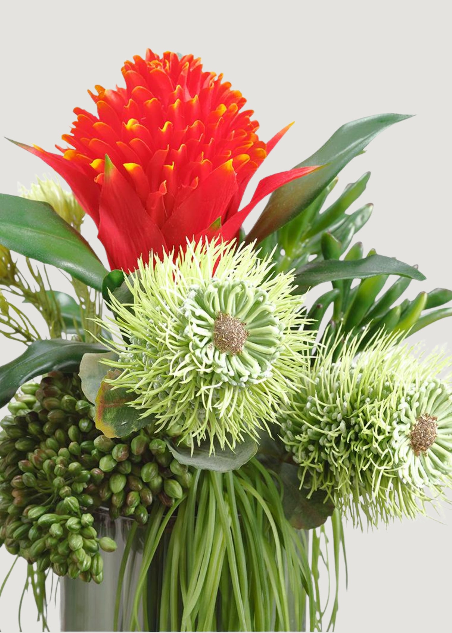 close-up of faux tropical flower arrangement