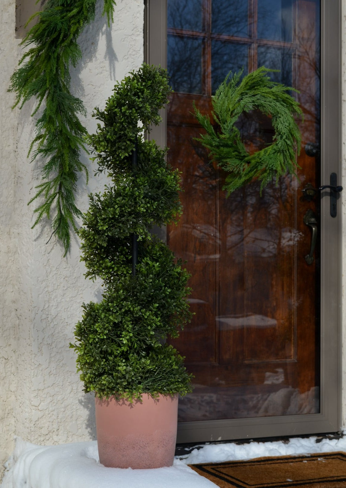 Faux Boxwood Spiral Topiary Outdoors