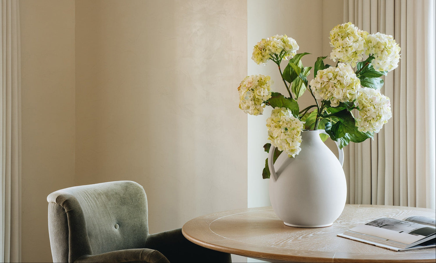 fake hydrangea in cream gren