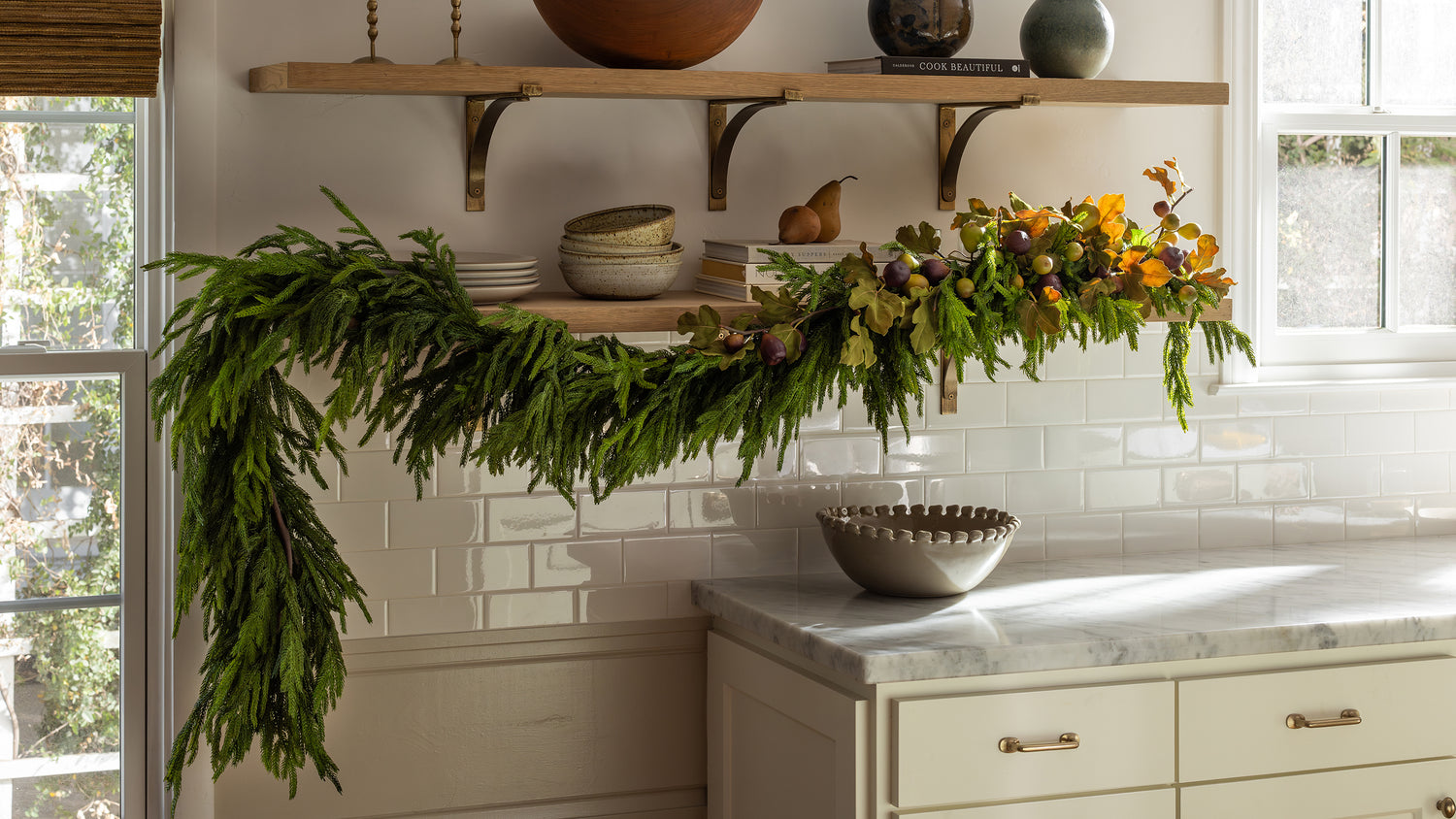 norfolk pine garland with faux figs and pears