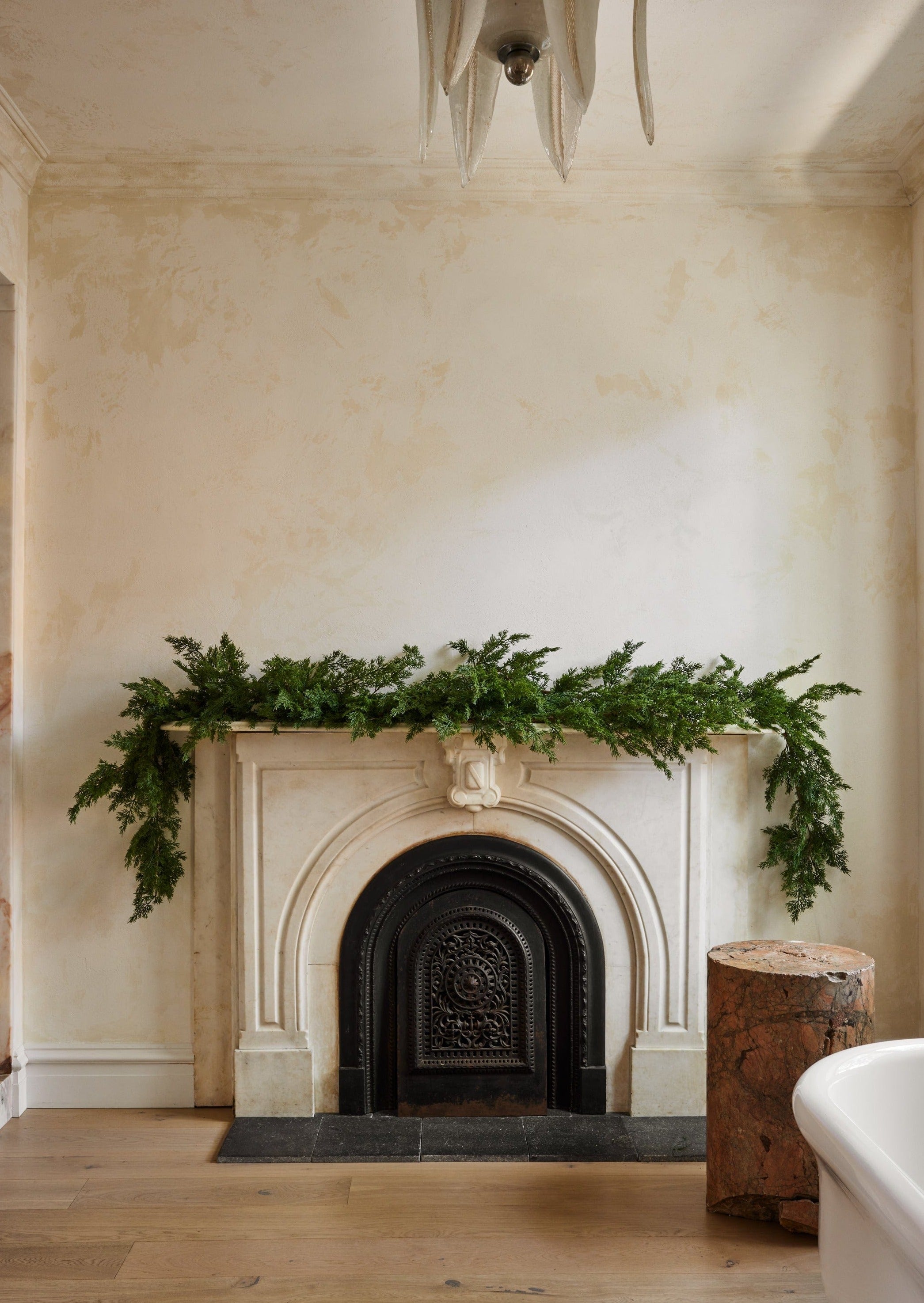 Artificial Cedar Holiday Garland on Mantel at Afloral.com