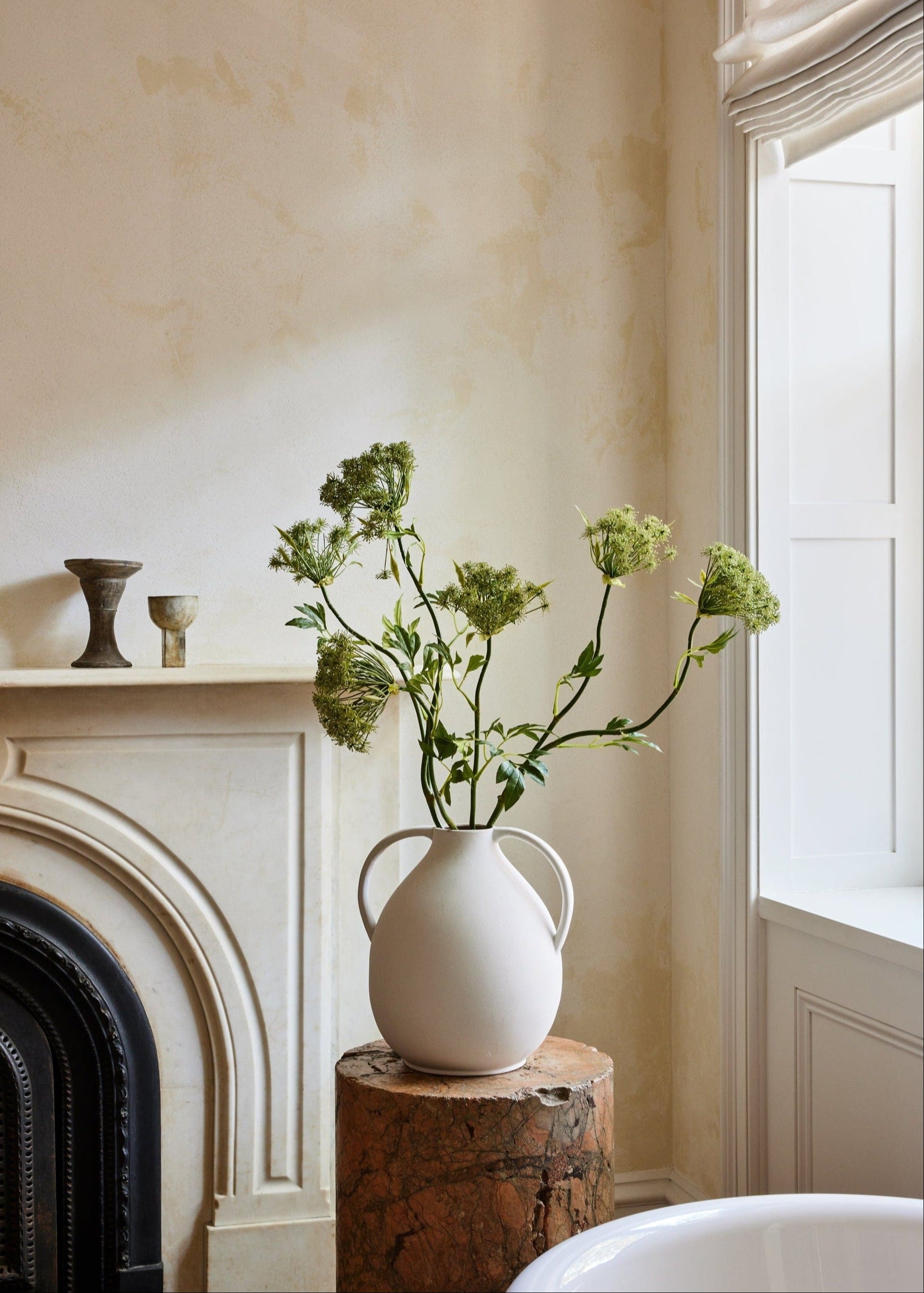 White Double Handle Tall Vase with Faux Queen Annes Lace