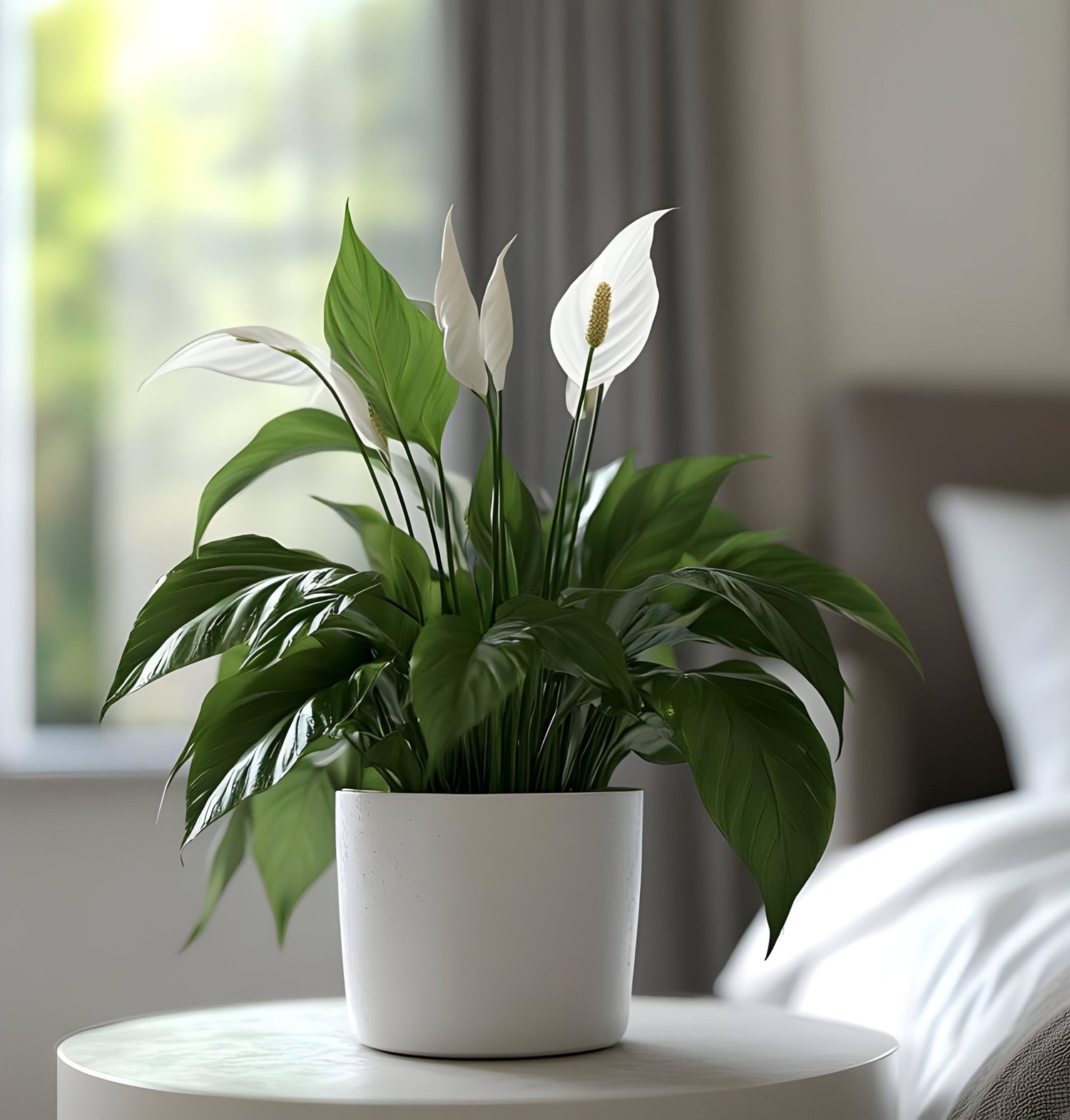 A live Peace Lily plant placed in a bedroom.