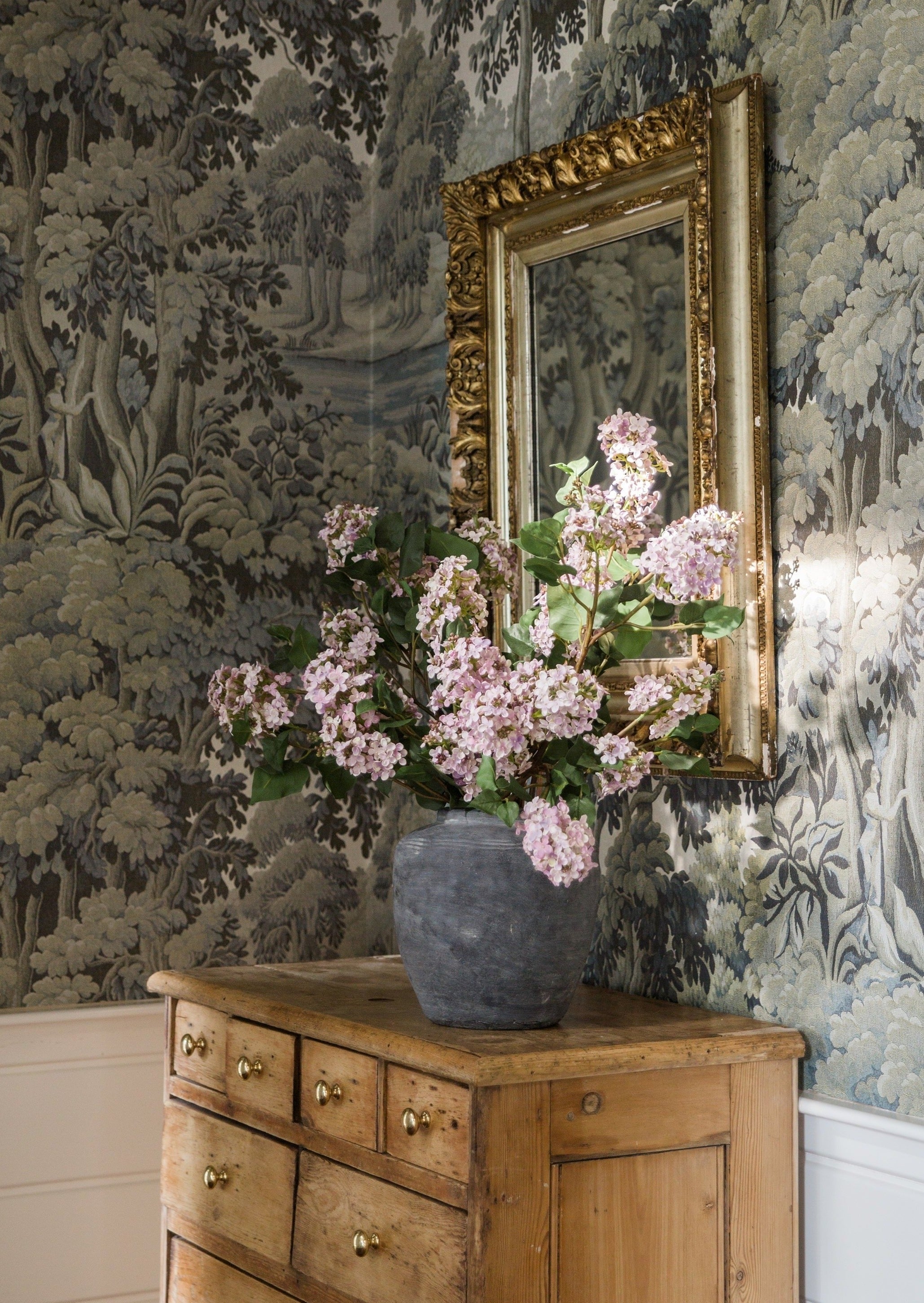 Video Styling Pale Lavender Lilac Faux Flowers in Rustic Concrete Vase