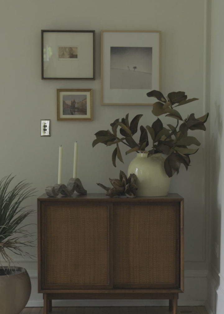 Styling Video of Faux Palm Plant in Pot and Faux Magnolia Branch Arrangement