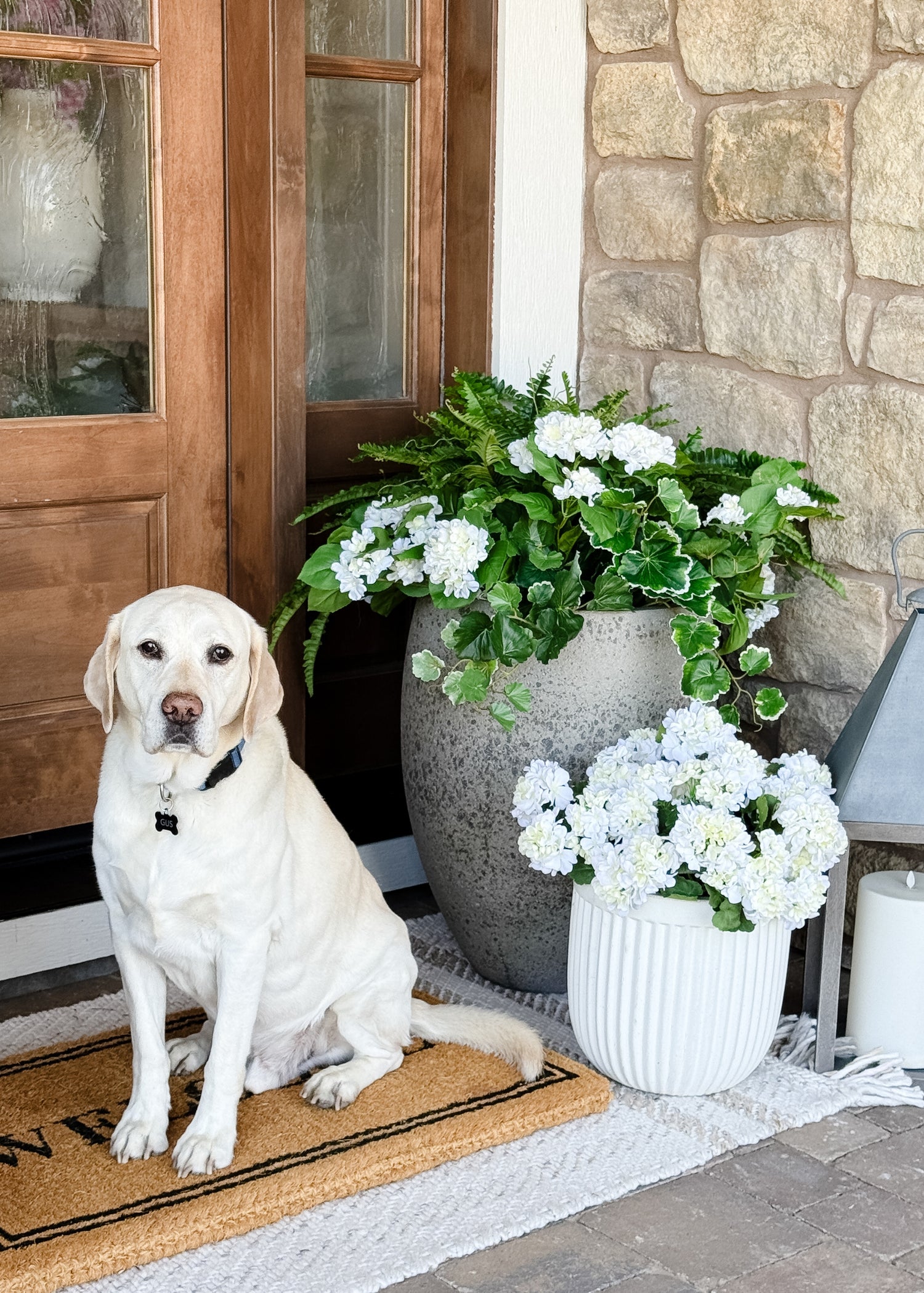 Outdoor Faux Hydrangea Bushes Styled with Geraniums