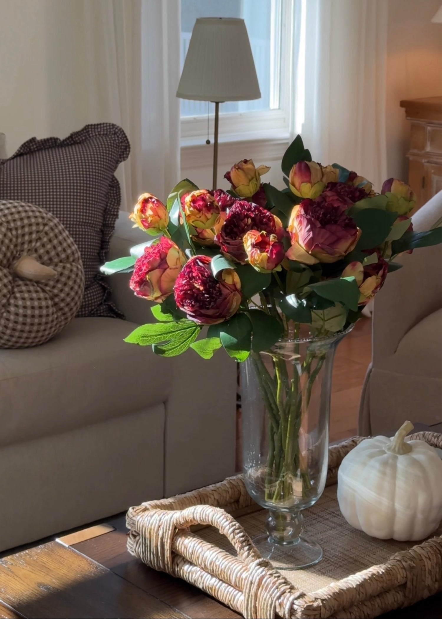 Video of fall peonies styled in a vase on a coffee table