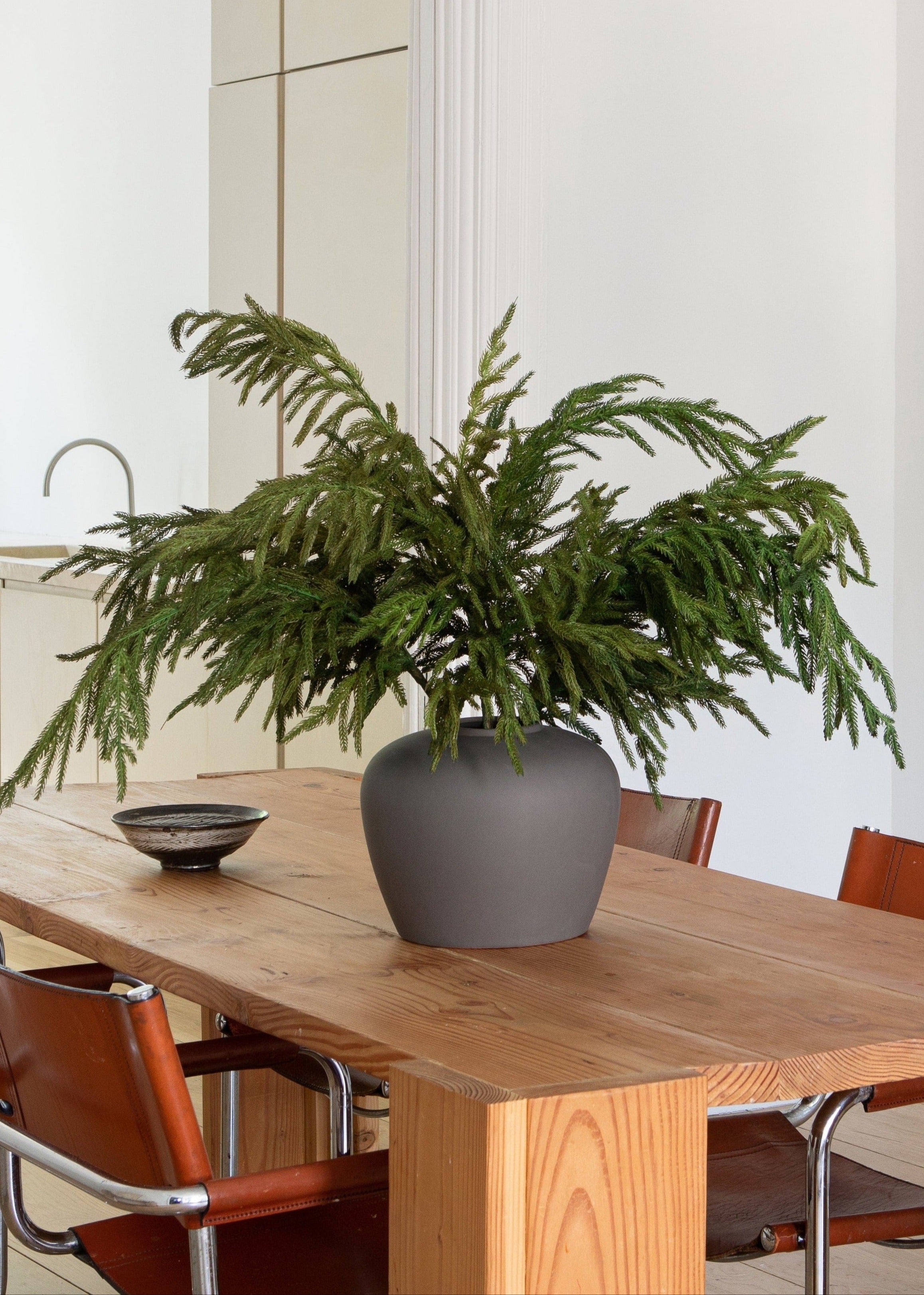 Afloral Real Touch Norfolk Pine Branches in Slate Clay Table Vase