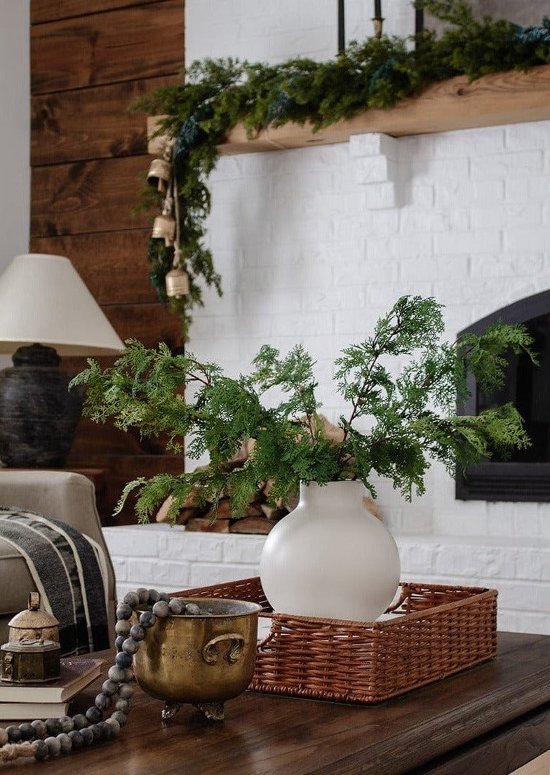 Afloral Artificial Cedar Greenery Branch in Round White Vase
