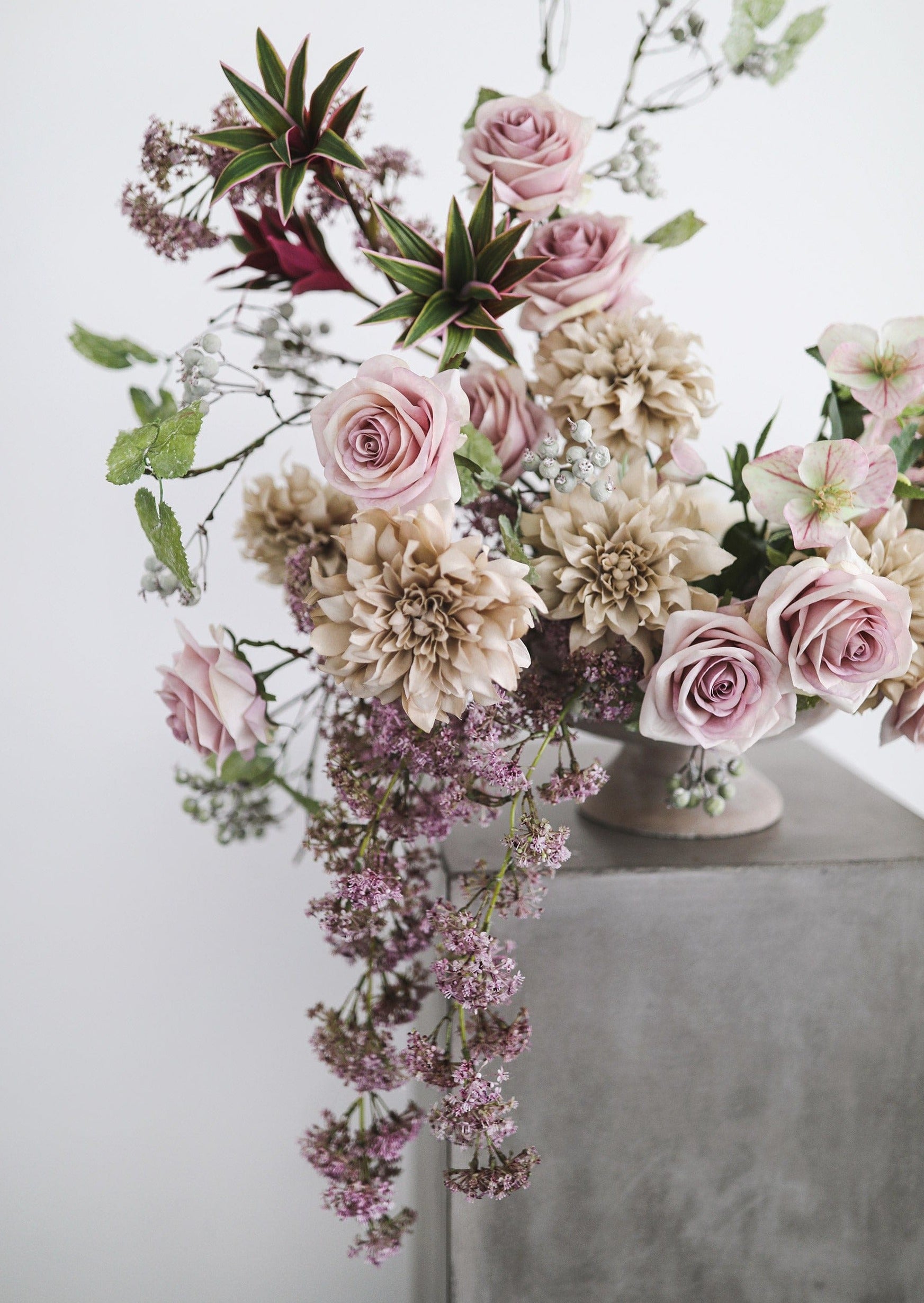 Fake Flower Arrangement with Hanging Laurel and Roses